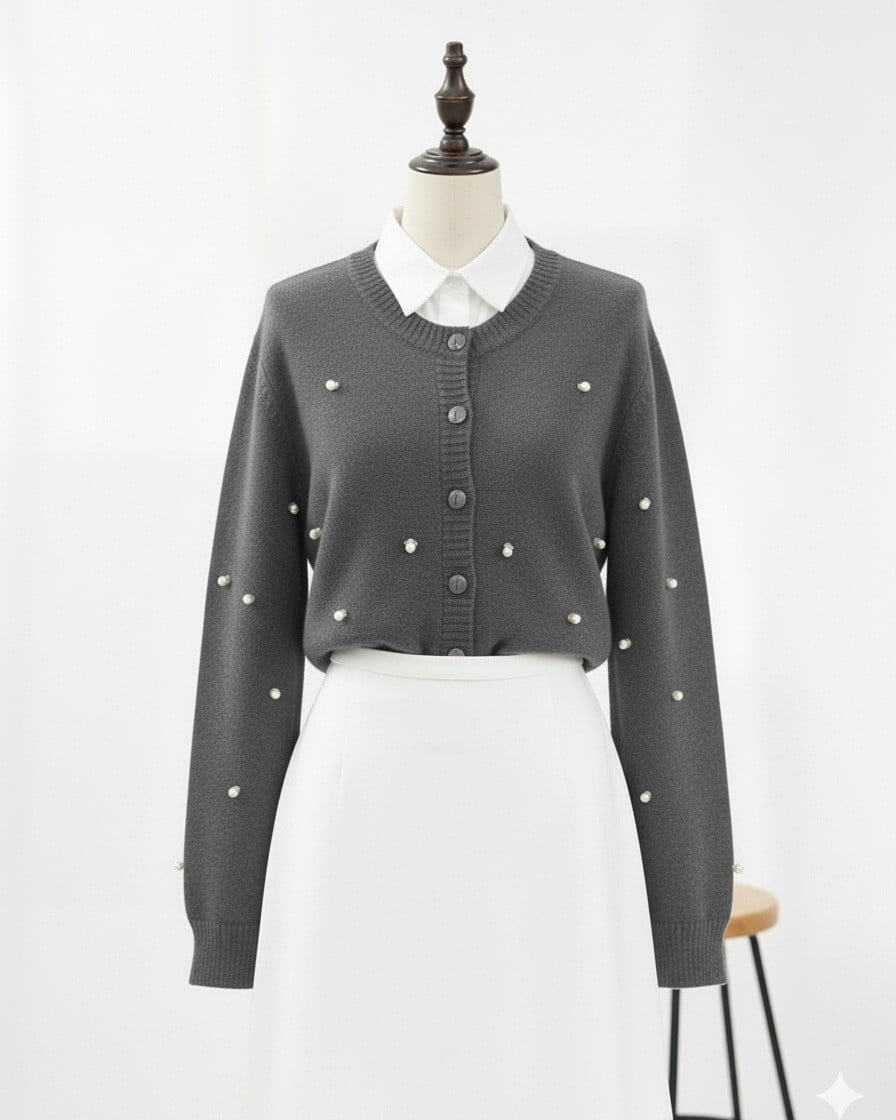 Buttoned Floral Knit Cardigan for Women - Smoke - Podyumplus - by Peralane - photo 2