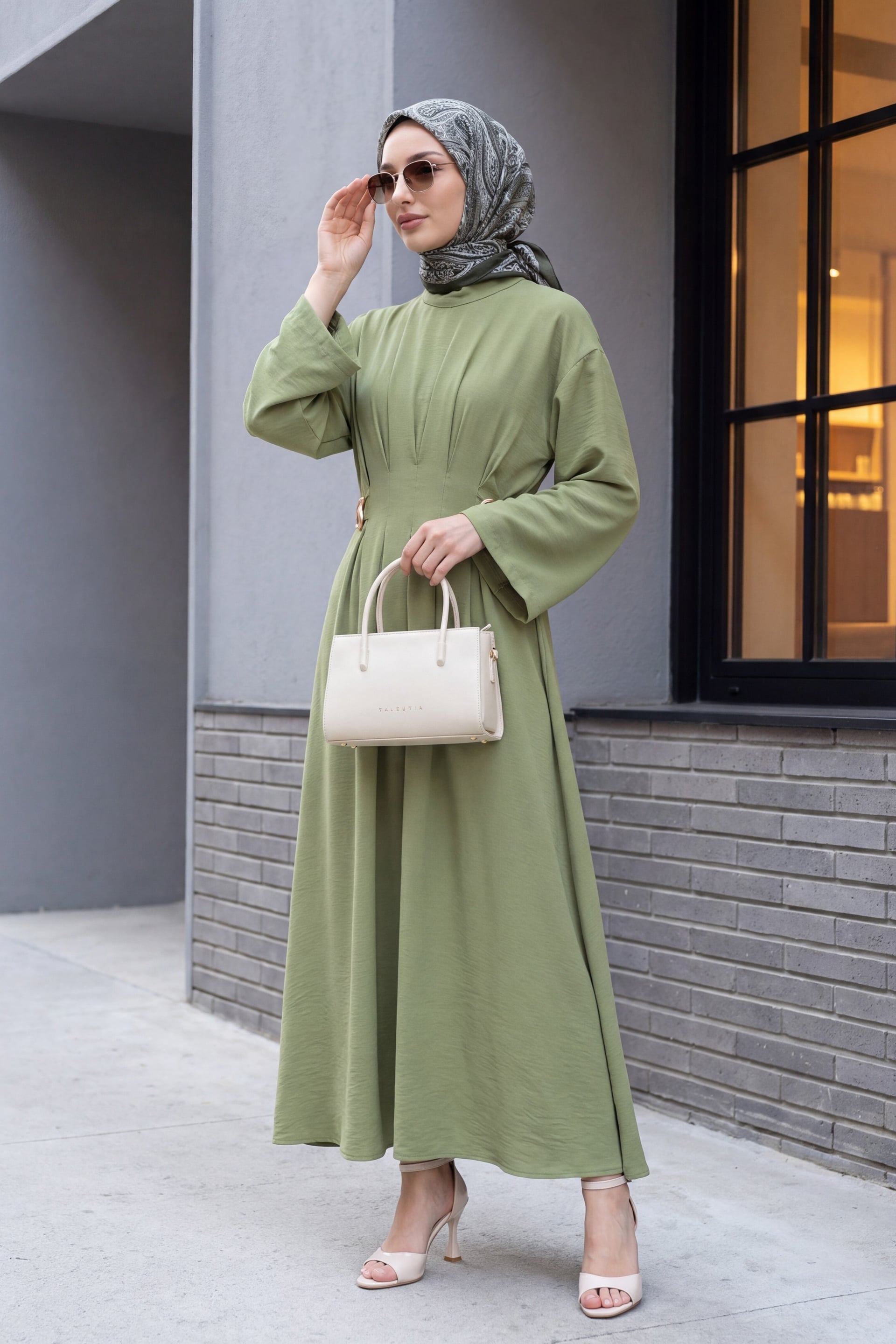 Pleated Belted Buckle Detail Modal Dress - Olive Green - Podyumplus - by Peralane - photo 3