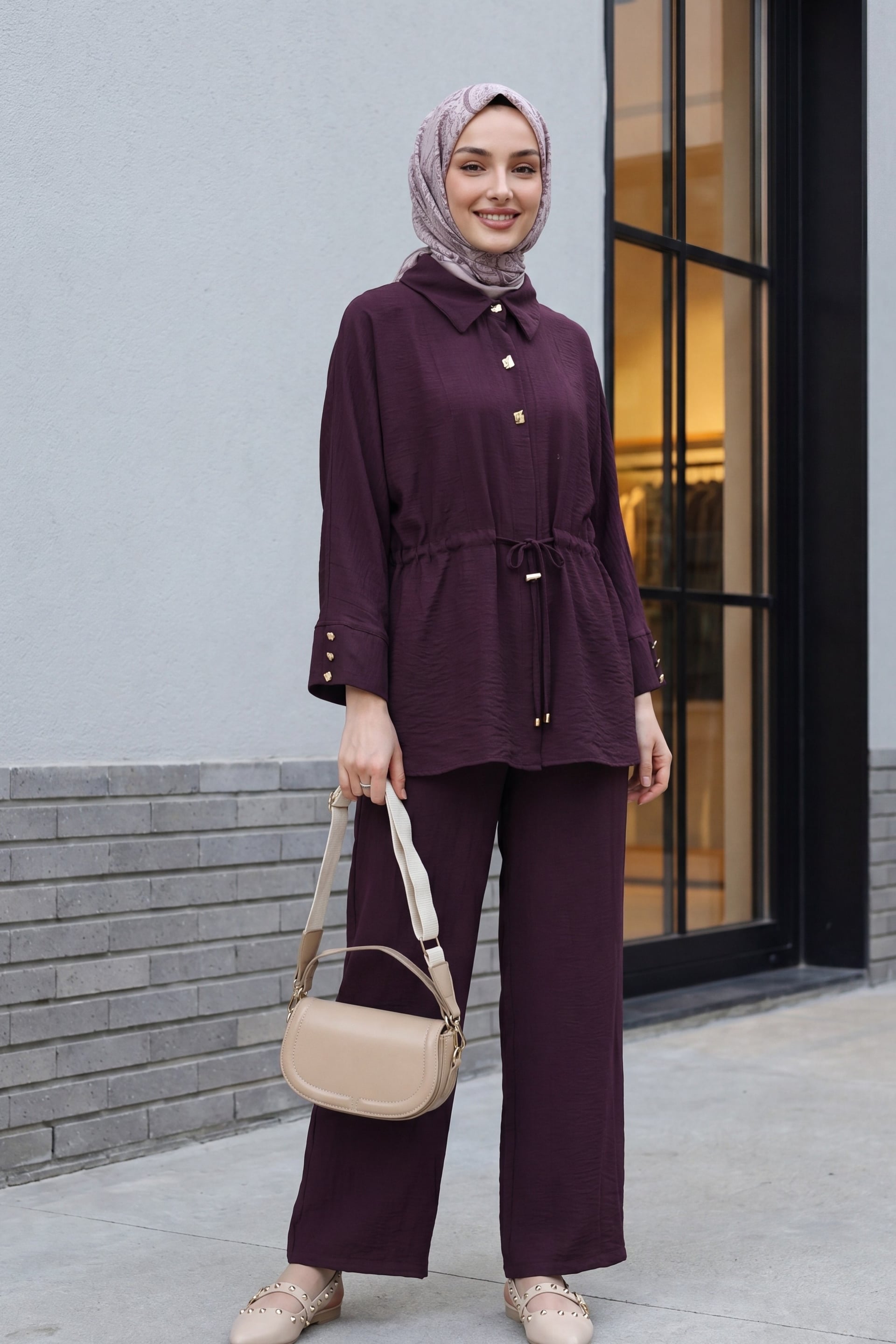 Tunnel Drawstring Waist Wide-Leg Trousers and Long-Sleeve Top Set - Plum - Podyumplus - by Peralane