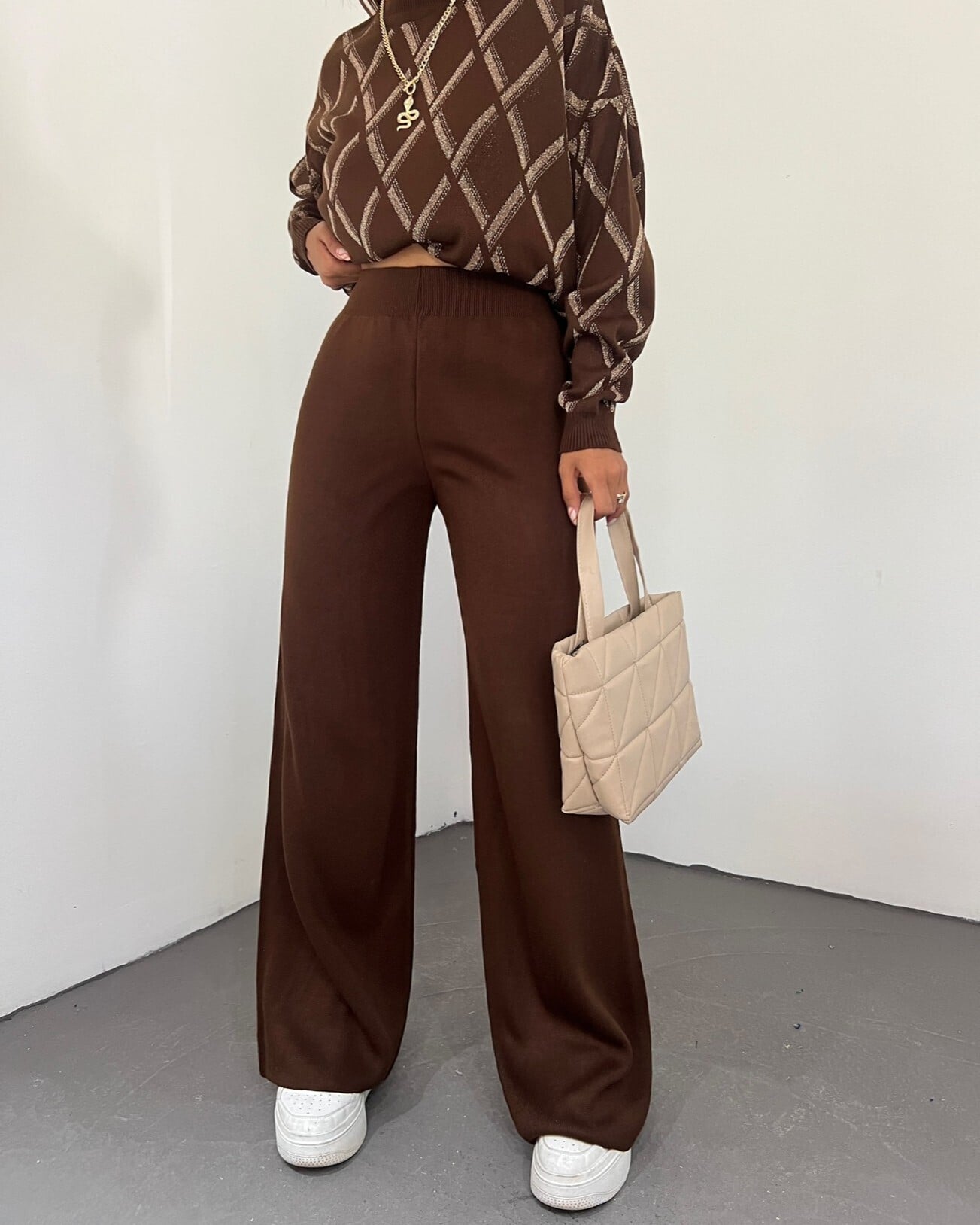 Brown Wide-Leg Knit Trousers - Relaxed Fit - Podyumplus - by Peralane - photo 2