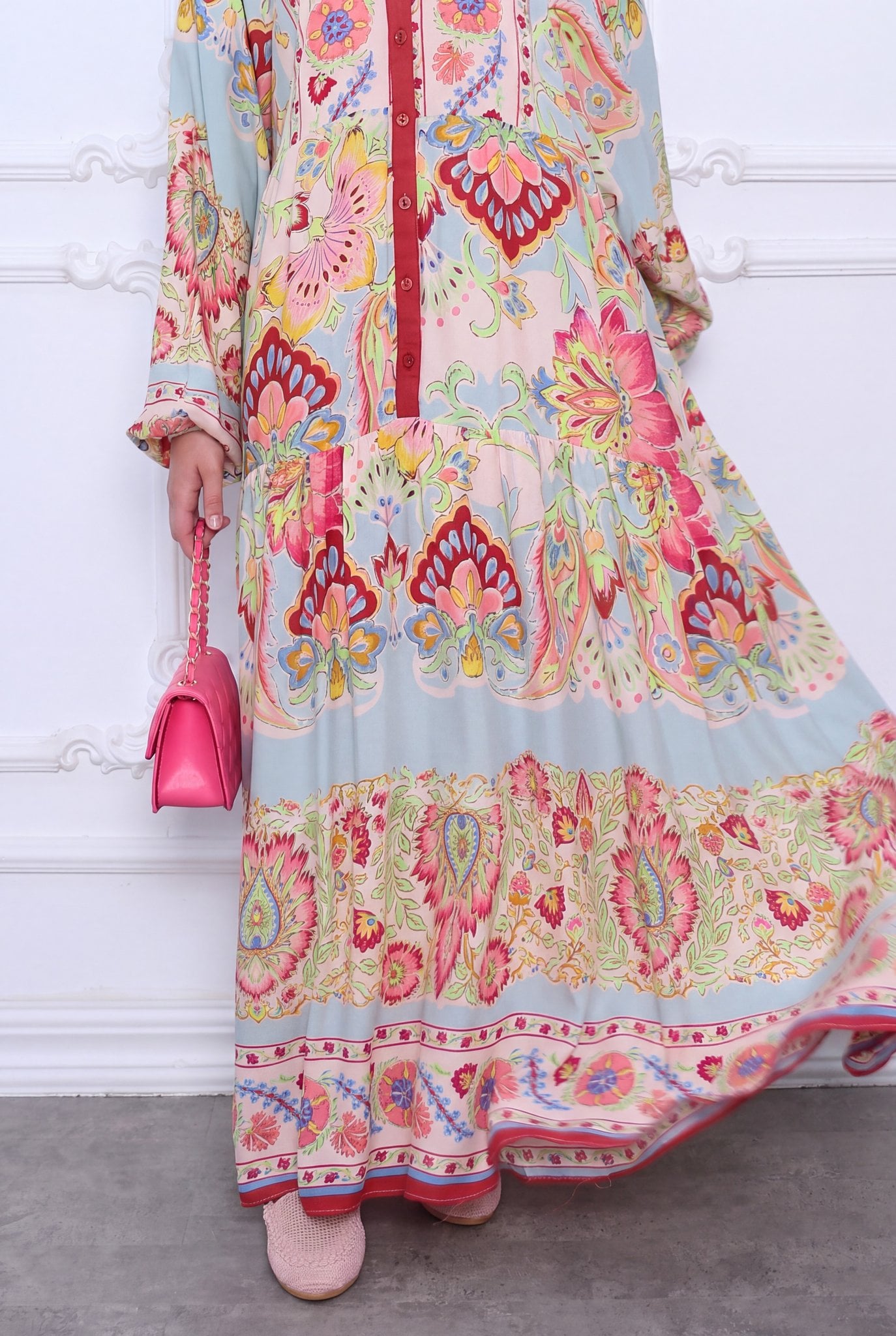 Pink Paisley Floral Print Long-Sleeved V-Neck Button-Up Dress - Podyumplus - by Peralane - photo 4