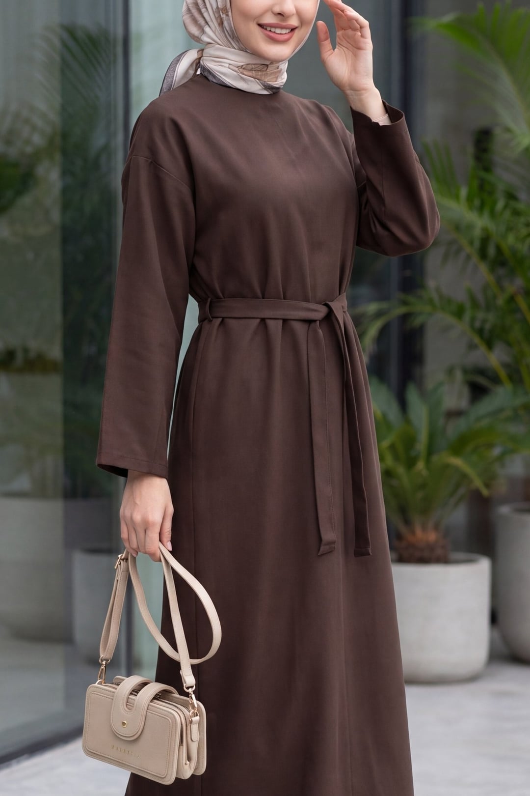 Brown Belted Diagonal Tencel Dress - Podyumplus - by Peralane