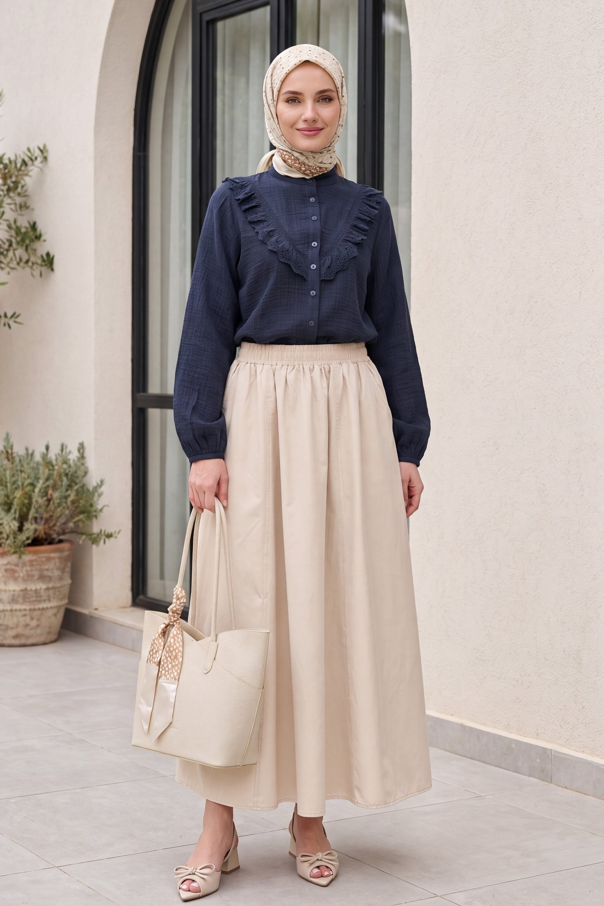 Navy Blue Crinkle Blouse with Lace Front and Buttoned Cuffs - Podyumplus - by Peralane - photo 3