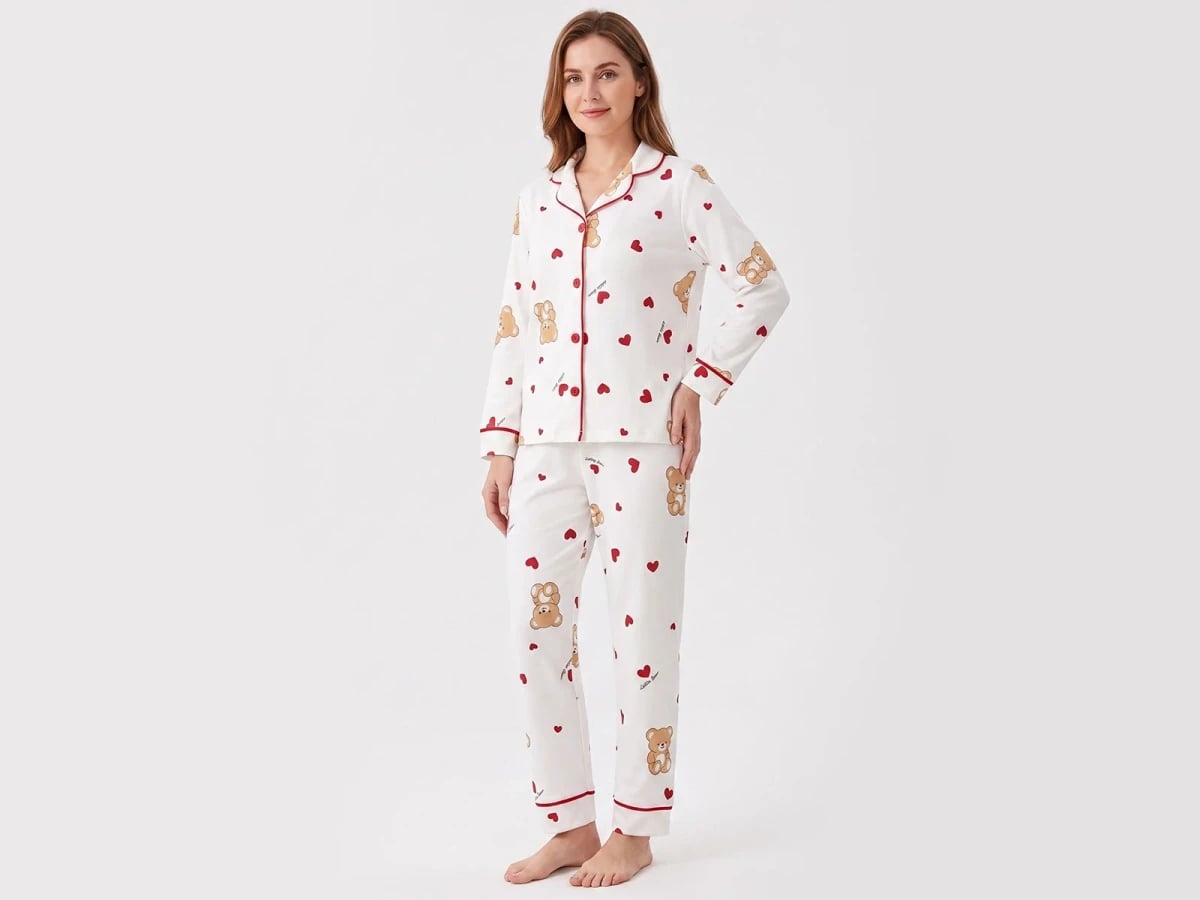 Girls' Heart & Teddy Bear Print Pyjama Set - White - Dolas - by Peralane