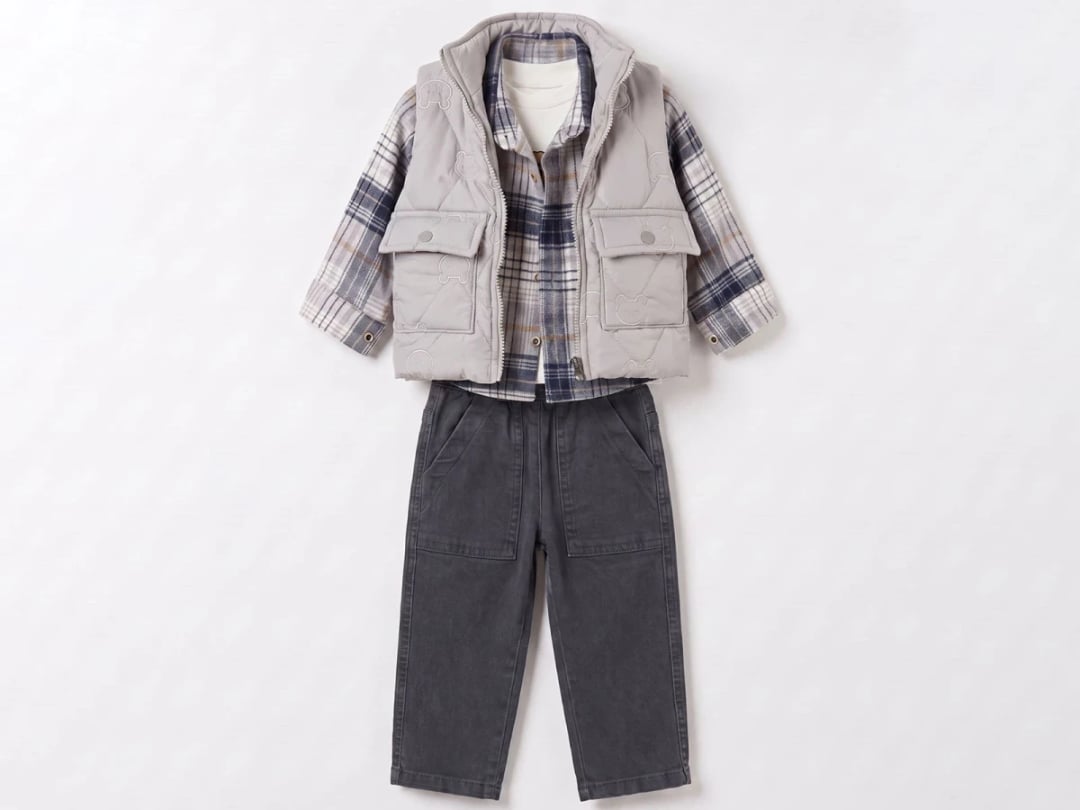 Boys' 4-Piece Set with Plaid Shirt, Quilted Vest, and Trousers - Grey - Canoz - by Peralane
