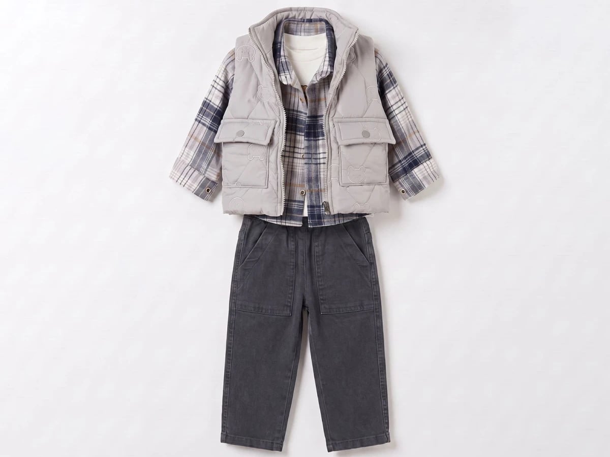 Boys' 4-Piece Set with Plaid Shirt, Quilted Vest, and Trousers - Grey - Canoz - by Peralane