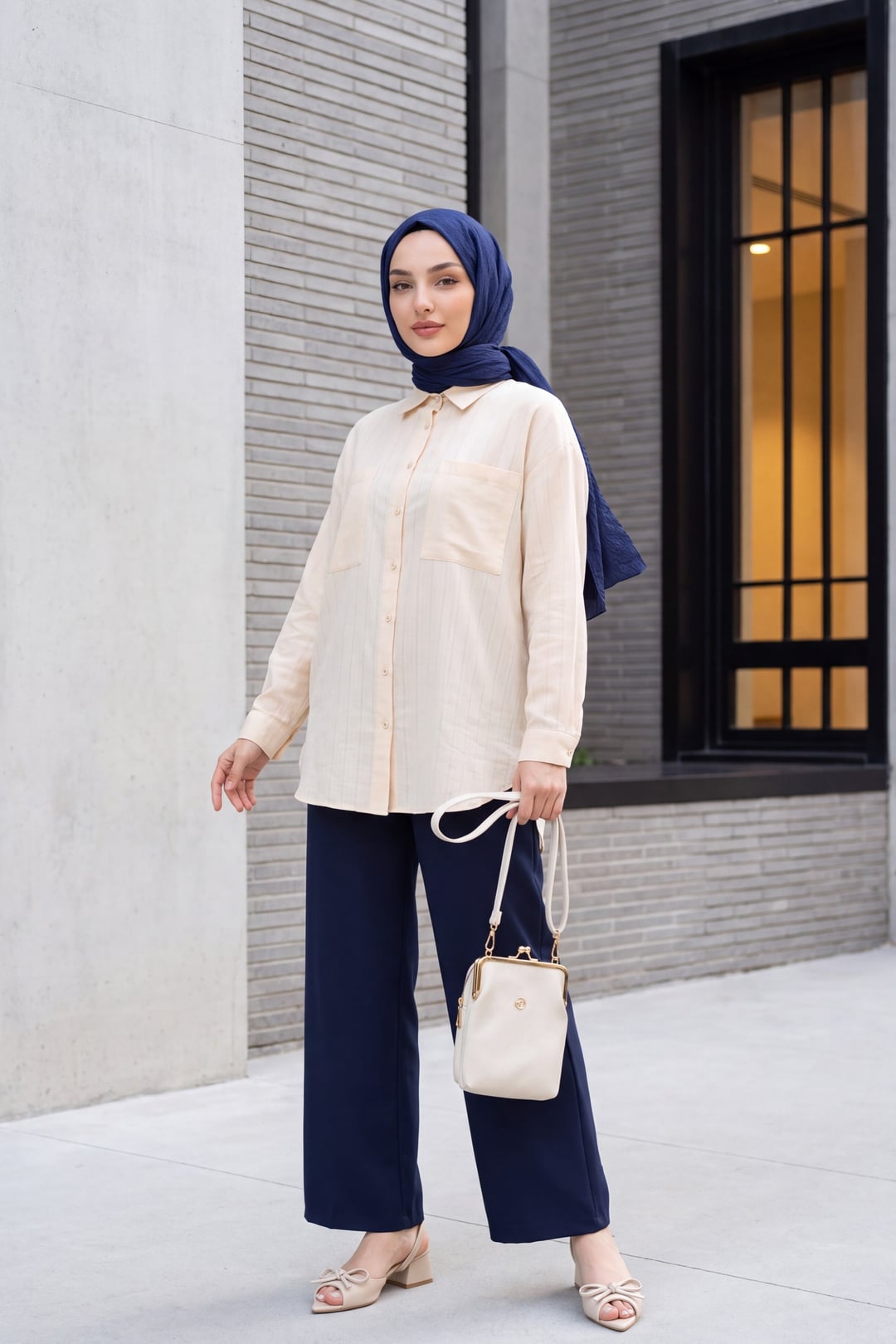 Women's Beige Long-Sleeved Collared Blouse with Pinstripes - Podyumplus - by Peralane - photo 2