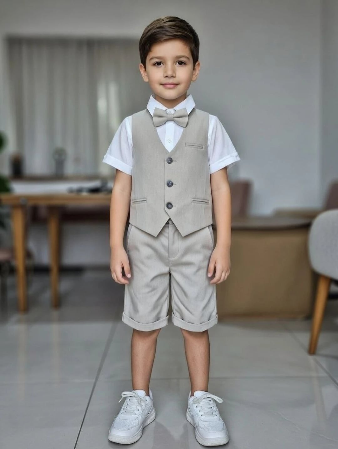 Boys' 4-Piece Linen Suit Set with Short-Sleeve Shirt, Waistcoat, Bow Tie and Shorts, Beige, 7-10 Years - Terry - by Peralane