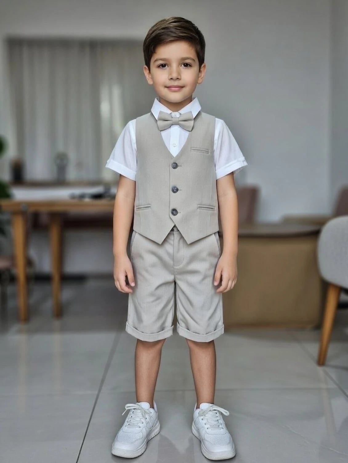 Boys' 4-Piece Linen Suit Set with Short-Sleeve Shirt, Waistcoat, Bow Tie and Shorts, Beige, 7-10 Years - Terry - by Peralane