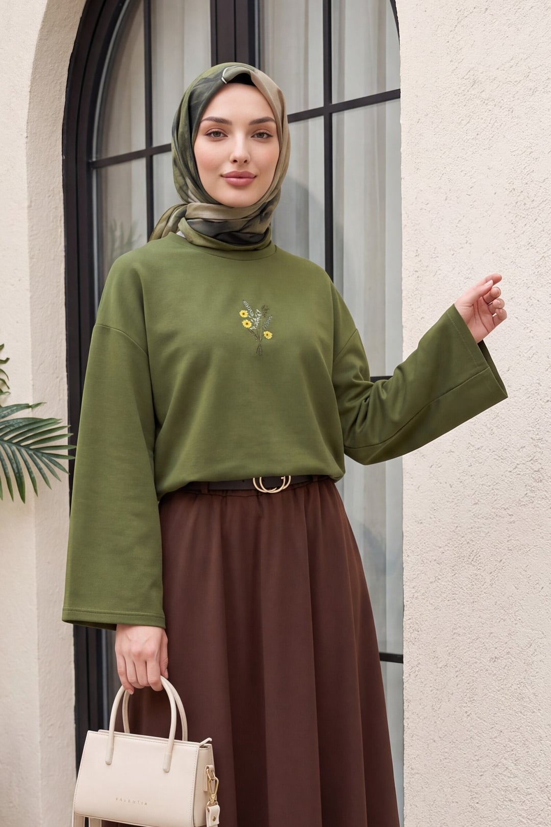 Embroidered Flower Crew-Neck Relaxed Sweatshirt - Olive Green - Podyumplus - by Peralane - photo 2