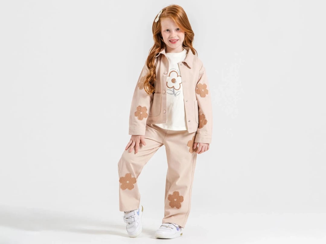 Girl's Beige Floral Print Jacket and Trousers Set with T-Shirt, Pack of 4 - Ecolkiz - by Peralane