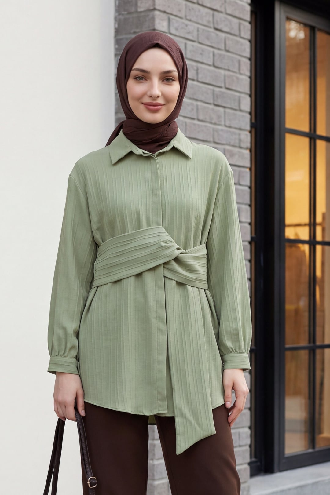 Belted Crinkle Corduroy Tunic Top - Sage Green - Podyumplus - by Peralane - photo 2