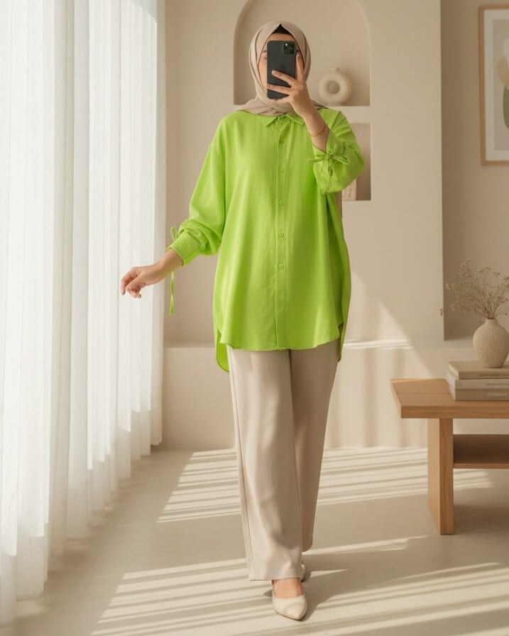 Lime Green Side-Laced High-Low Blouse with Collar - Podyumplus - by Peralane - photo 2