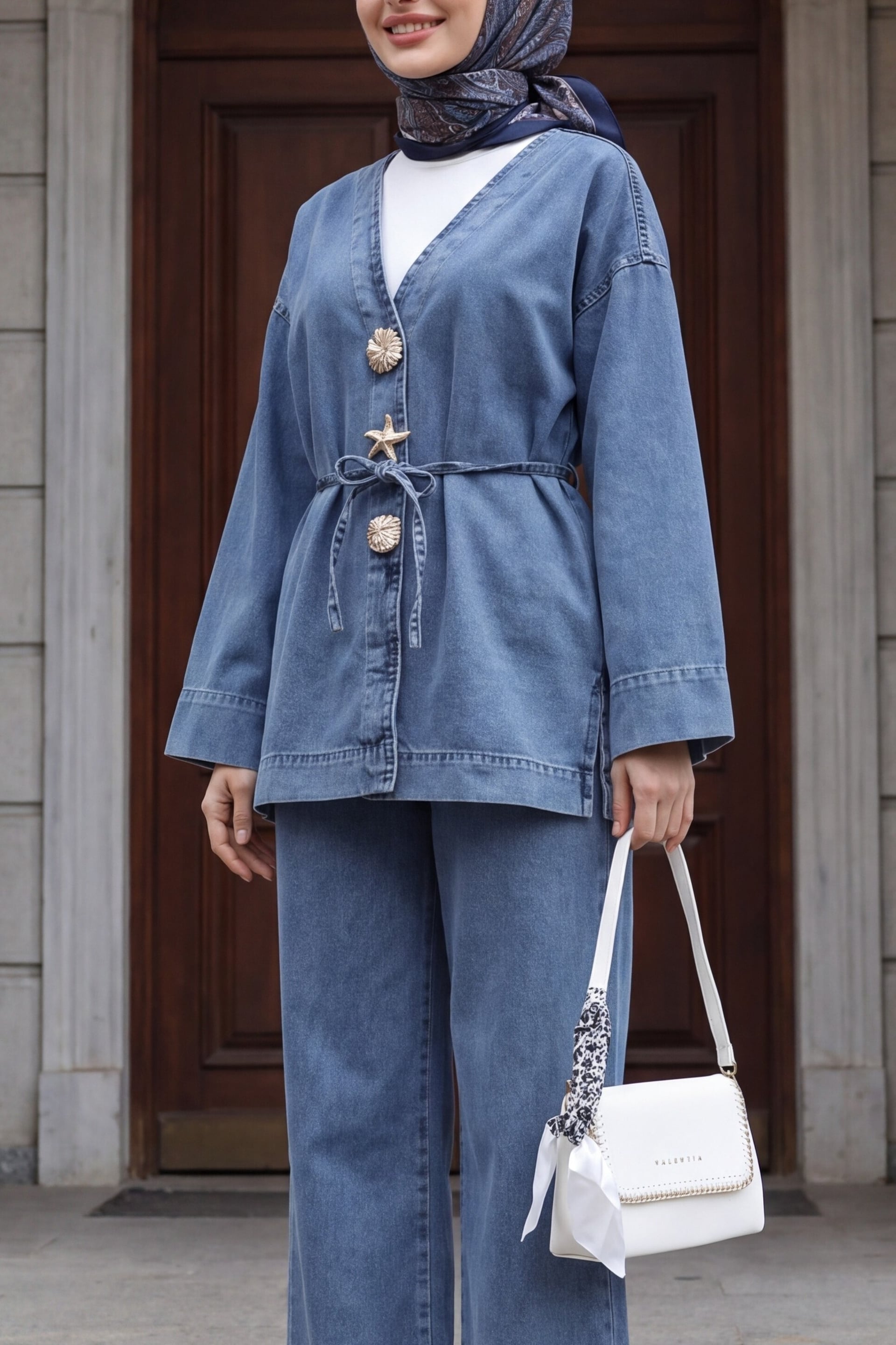 Laced Denim Kimono Set with Elastic Waist Wide-Leg Trousers - Ice Blue - Podyumplus - by Peralane