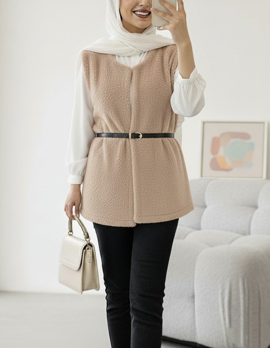 Beige Belted Lined Plush Vest - Podyumplus - by Peralane - photo 2