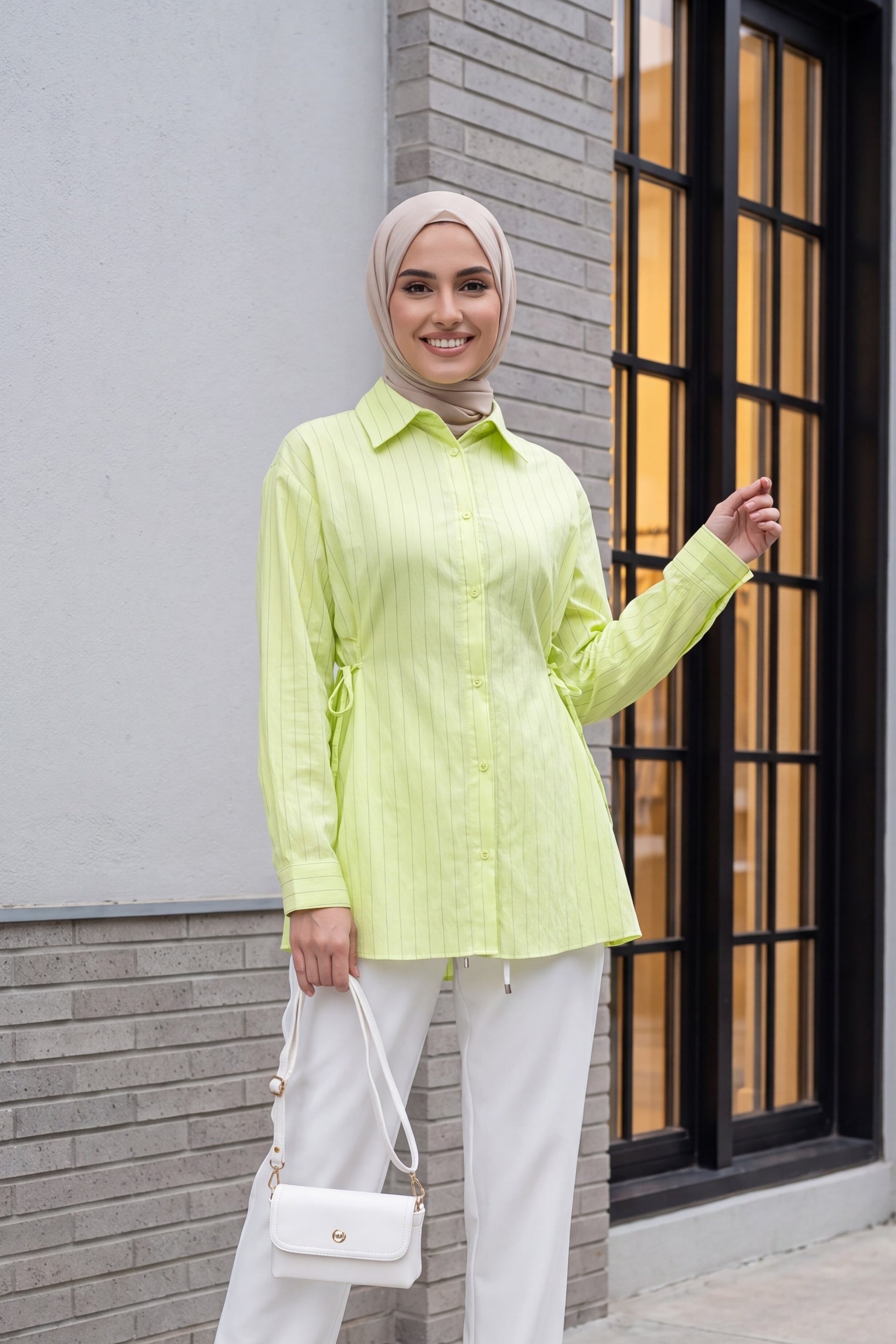 Striped Modal Tunic with Side Laces and Buttons - Light Yellow - Podyumplus - by Peralane