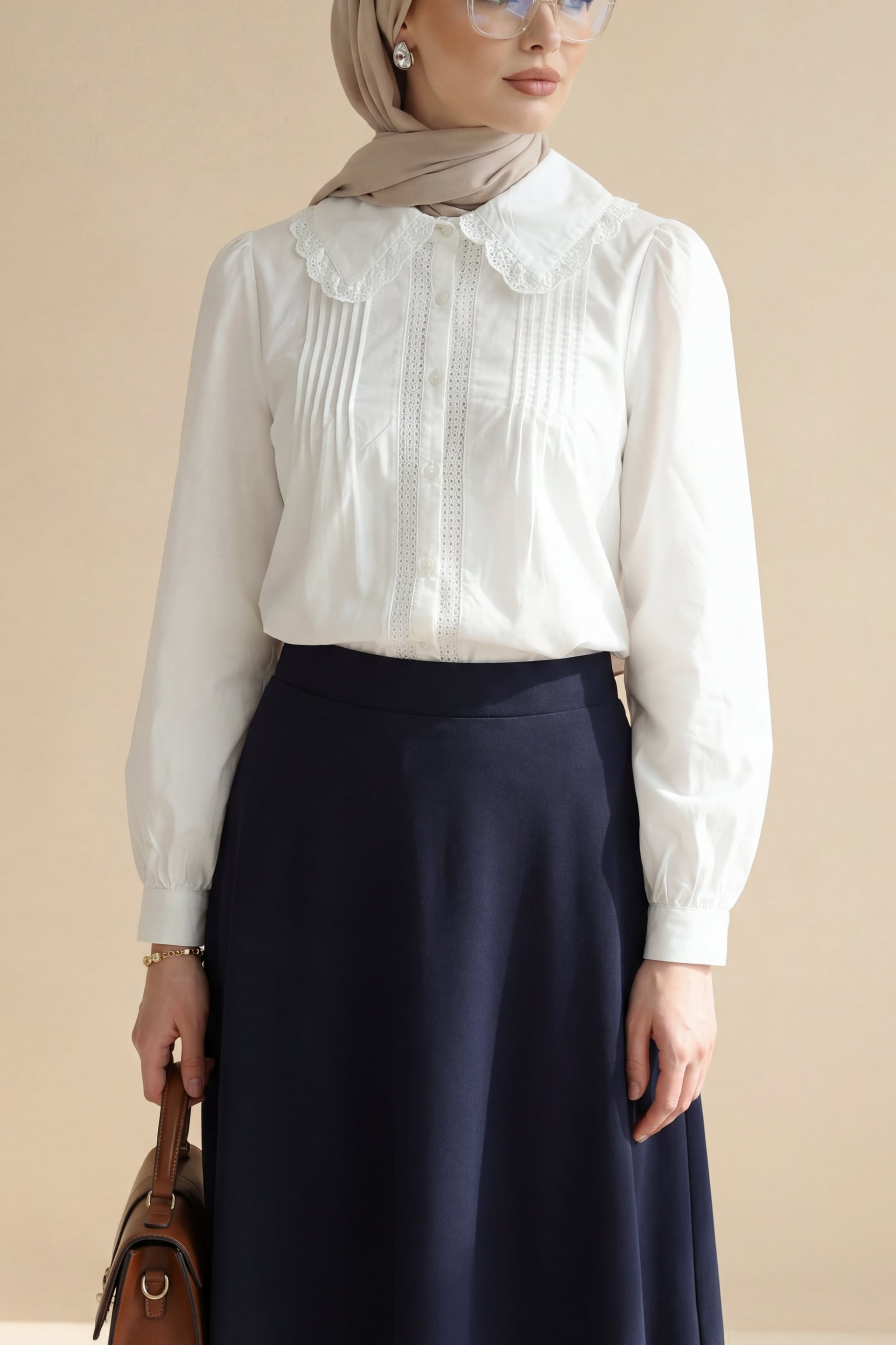 Front Scallop Pleated Poplin Shirt Blouse - White - Podyumplus - by Peralane - photo 4