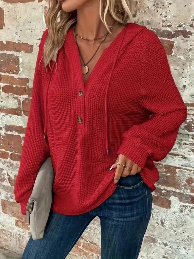 Women's Long Sleeve Hooded Waffle Blouse with Buttons and Drawstring - Janes - by Peralane - photo 2