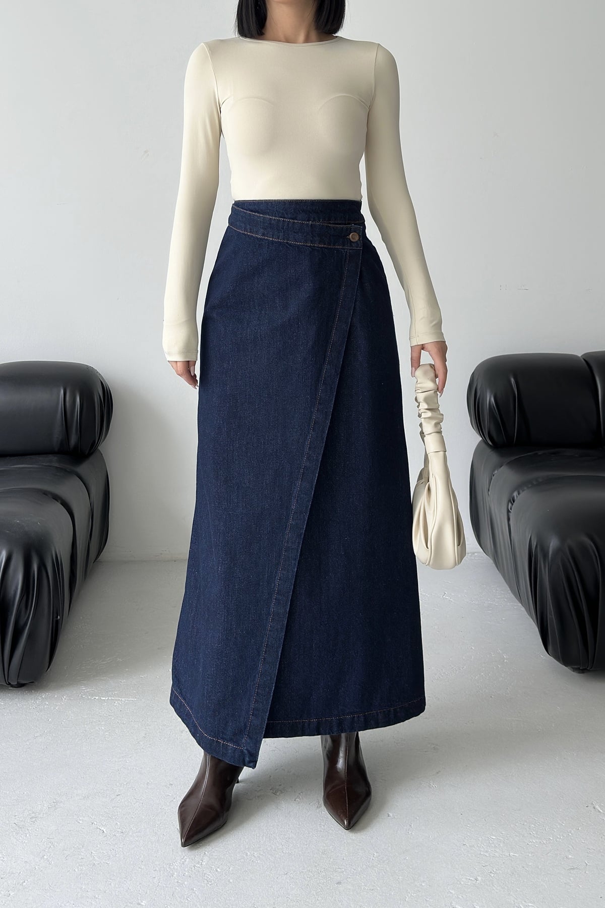 Diana Wrap-Style Long Denim Skirt in Dark Navy with Button and Zip Closure - Xlove - by Peralane - photo 3