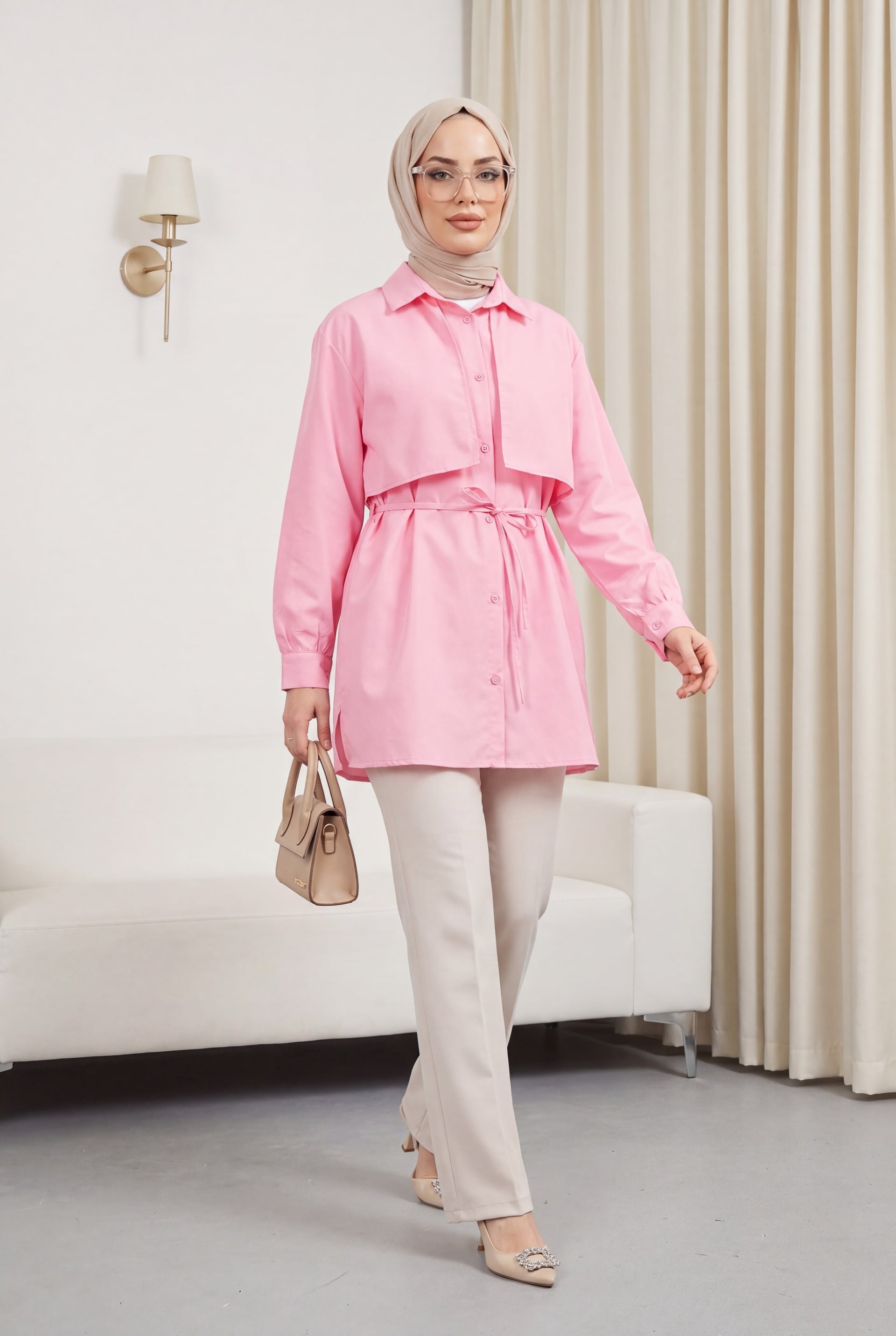Pink Tie-Belt Tunic with Bolero Detail and Side Slits - Podyumplus - by Peralane - photo 2
