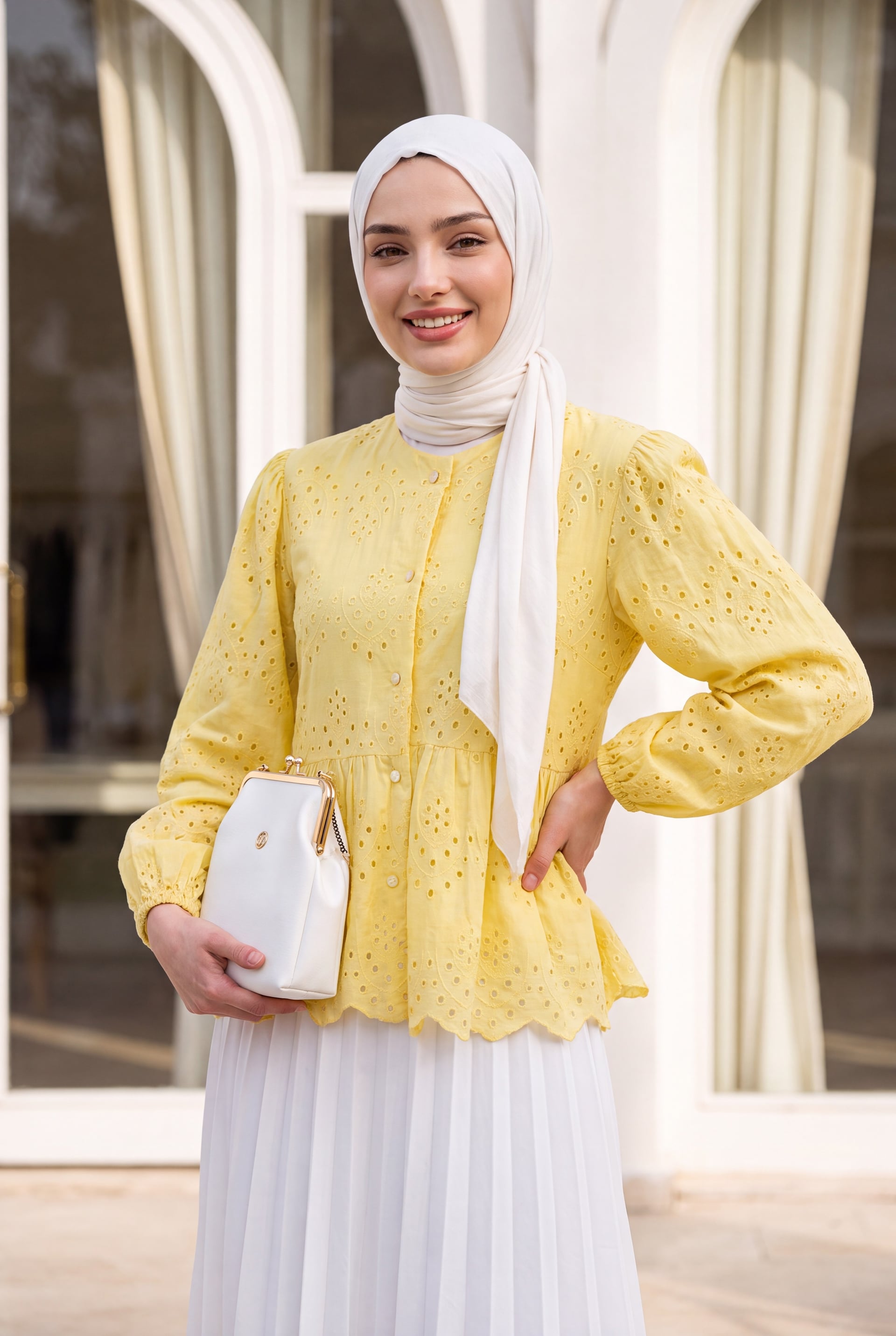 Yellow Eyelet Peplum Blouse with Long Puff Sleeves - Podyumplus - by Peralane