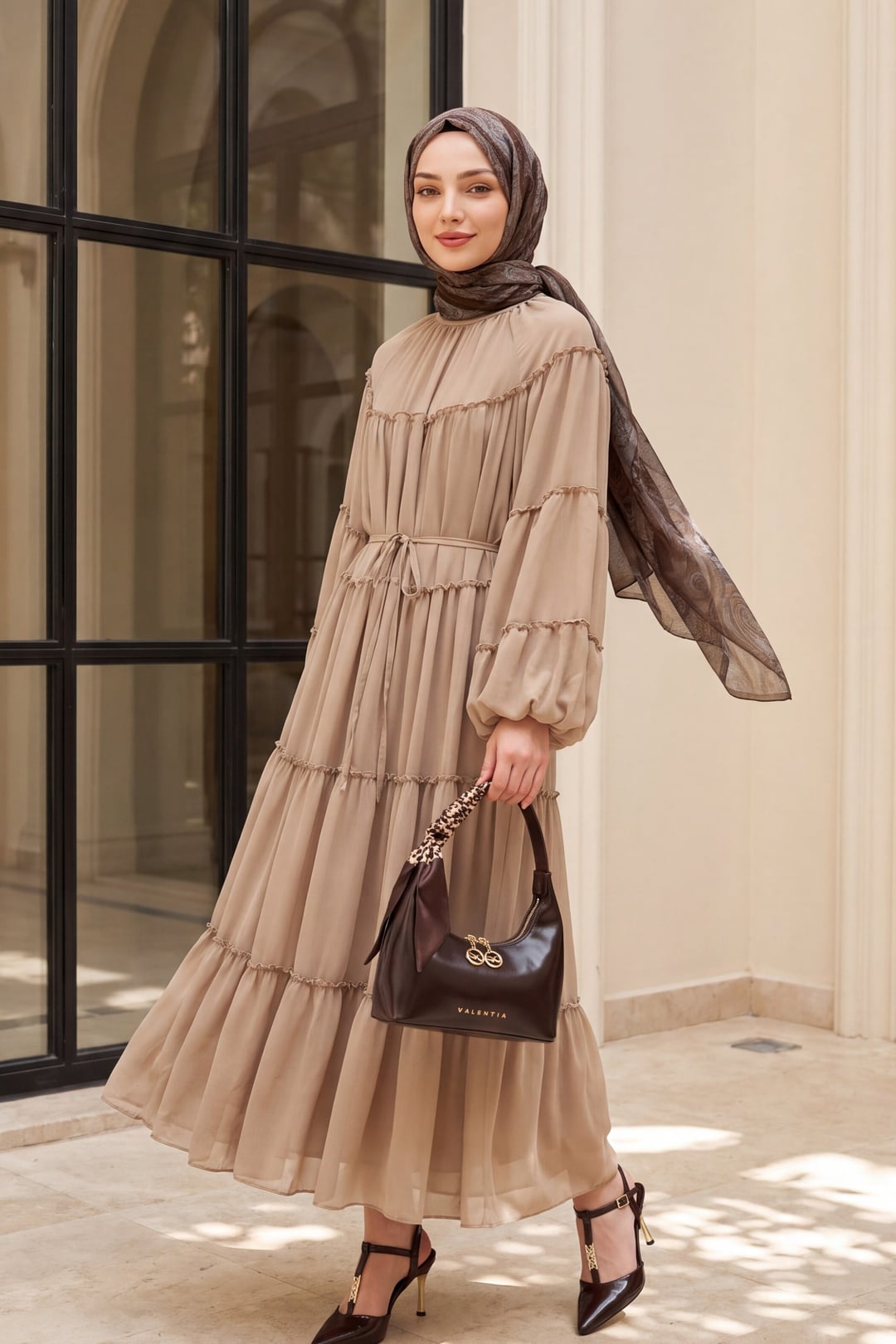 Ruffled Tiered Tie-Waist Long Dress - Beige - Podyumplus - by Peralane - photo 3