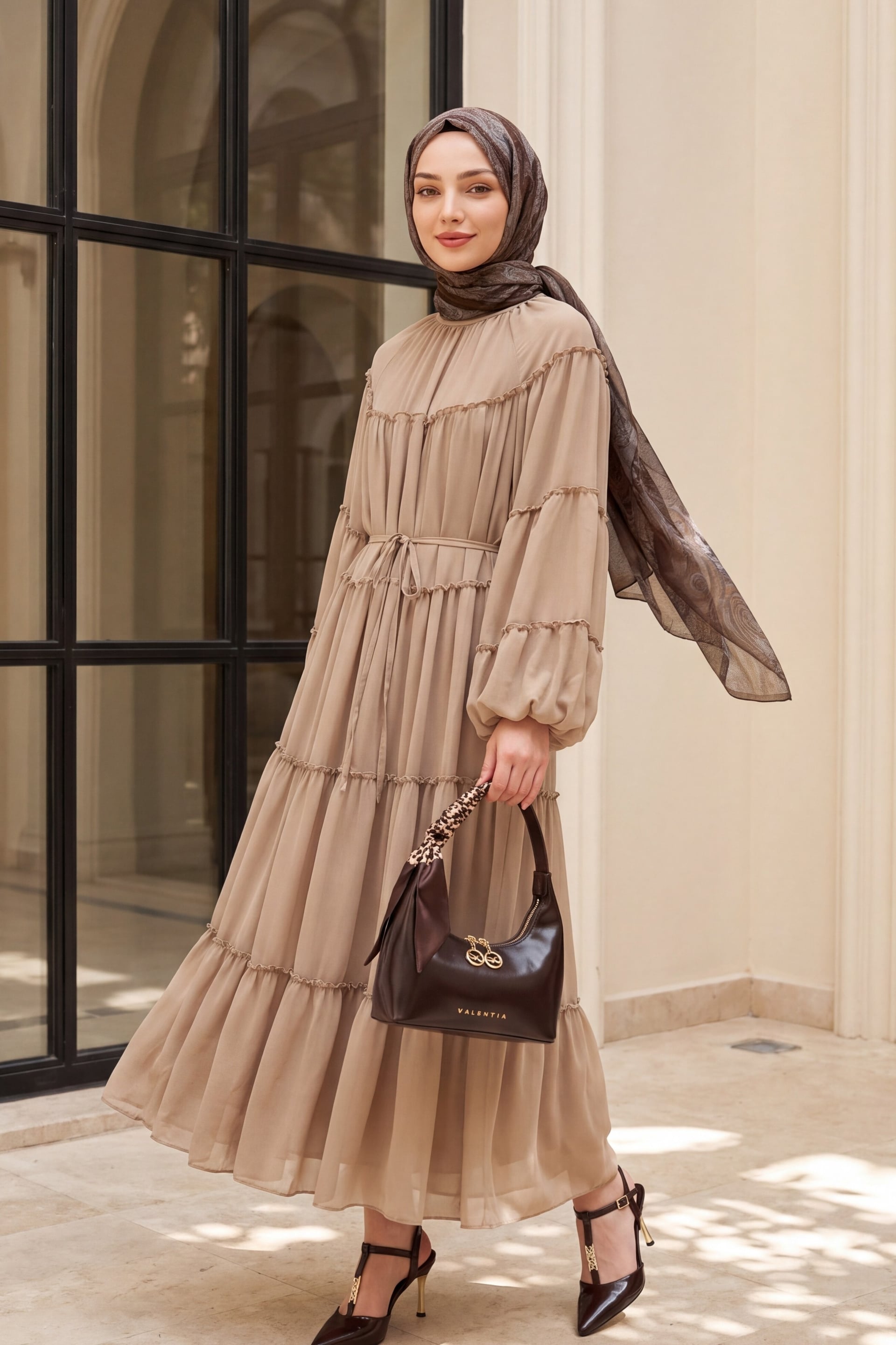 Ruffled Tiered Tie-Waist Long Dress - Beige - Podyumplus - by Peralane - photo 3