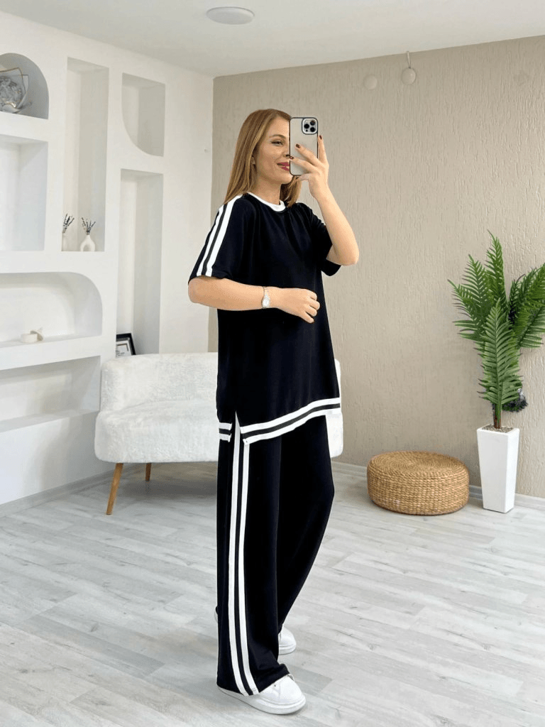 Women's Short Sleeve Crew Neck Two-Tone Stripe Detail Viscose Two-Thread Blouse and Trousers Set - Janes - by Peralane