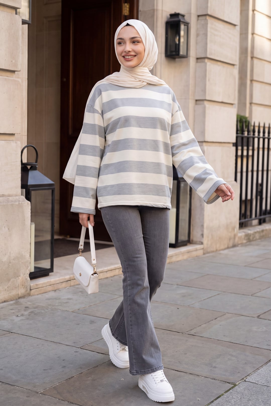 Crew Neck Striped Sweatshirt - Grey - Podyumplus - by Peralane - photo 3