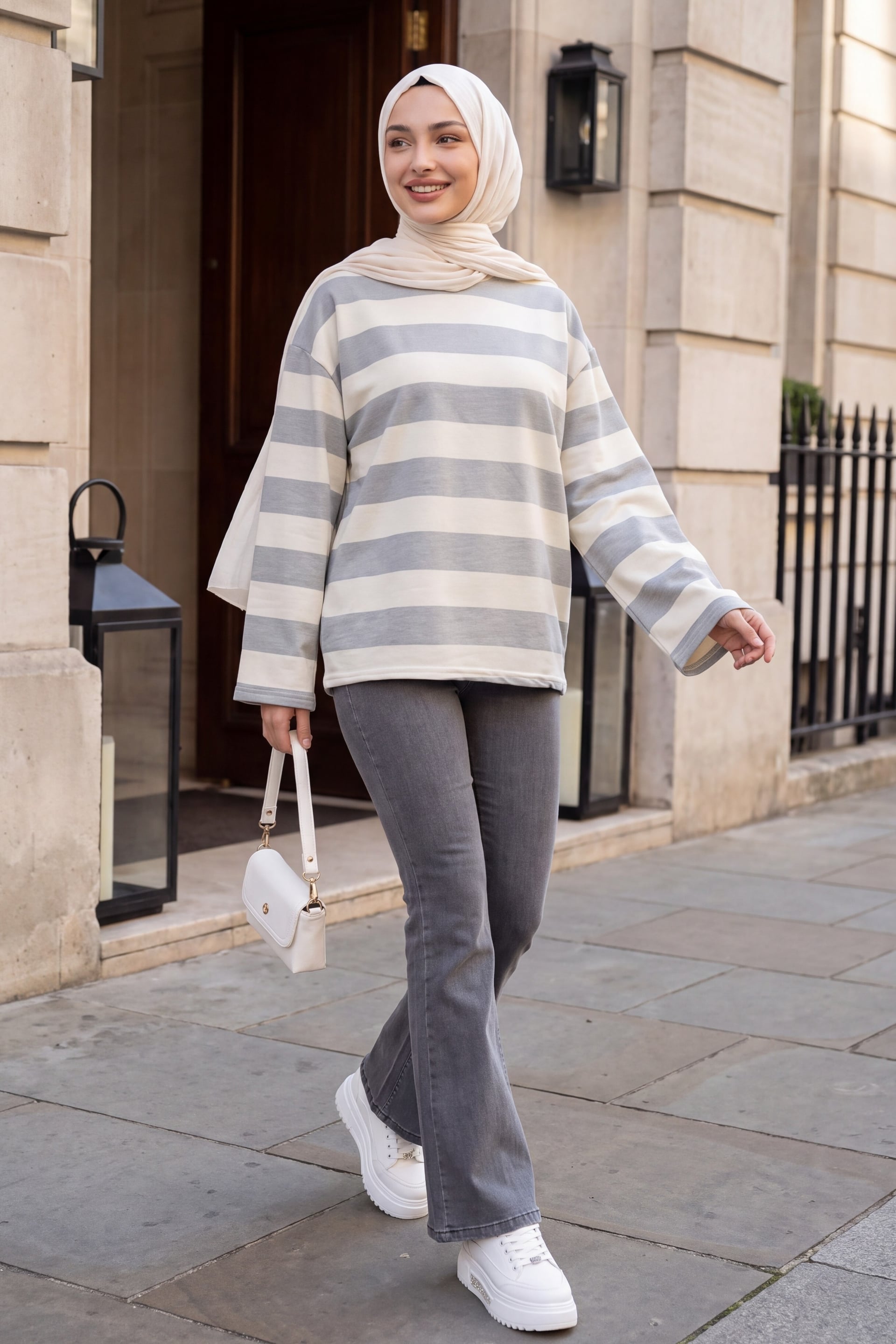 Crew Neck Striped Sweatshirt - Grey - Podyumplus - by Peralane - photo 3