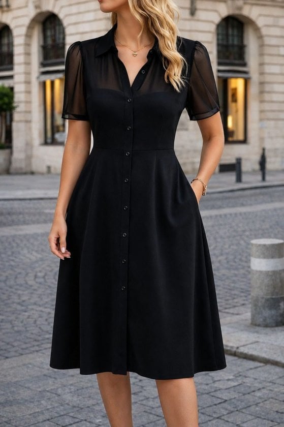 Women's Short-Sleeve Collared Button-Front Midi Crepe Dress - Janes - by Peralane