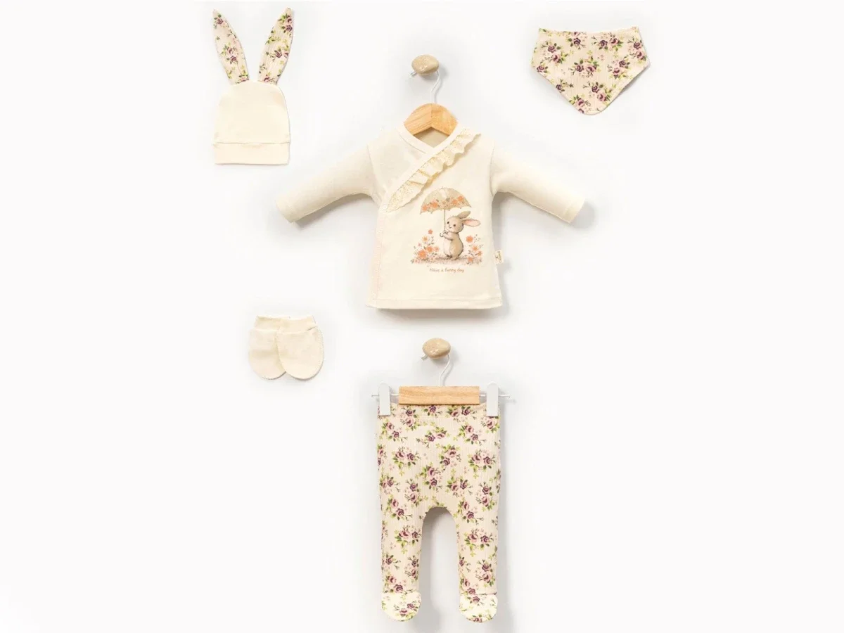 Floral Bunny Print Baby Girl Hospital Exit Set - 5 Pieces - Cayzen - by Peralane