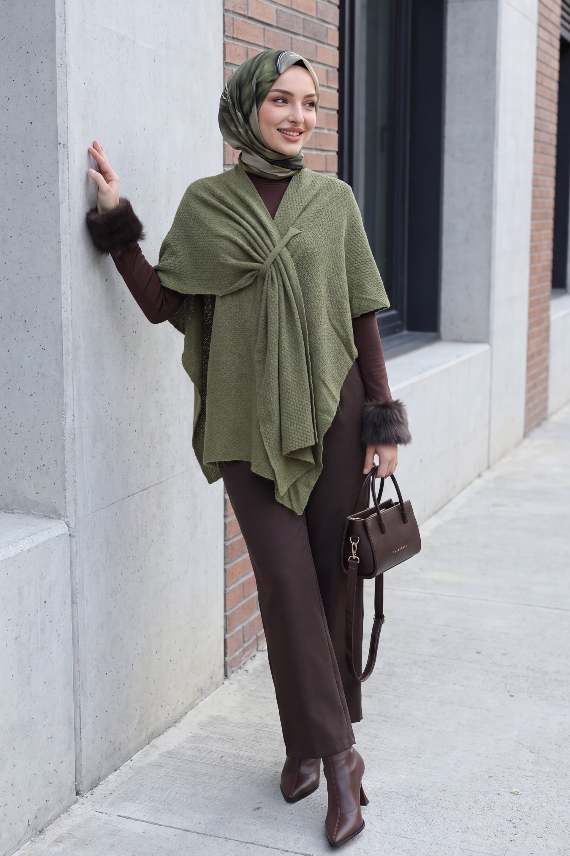 Olive Green Slouchy Knit Poncho Cardigan - Podyumplus - by Peralane - photo 4