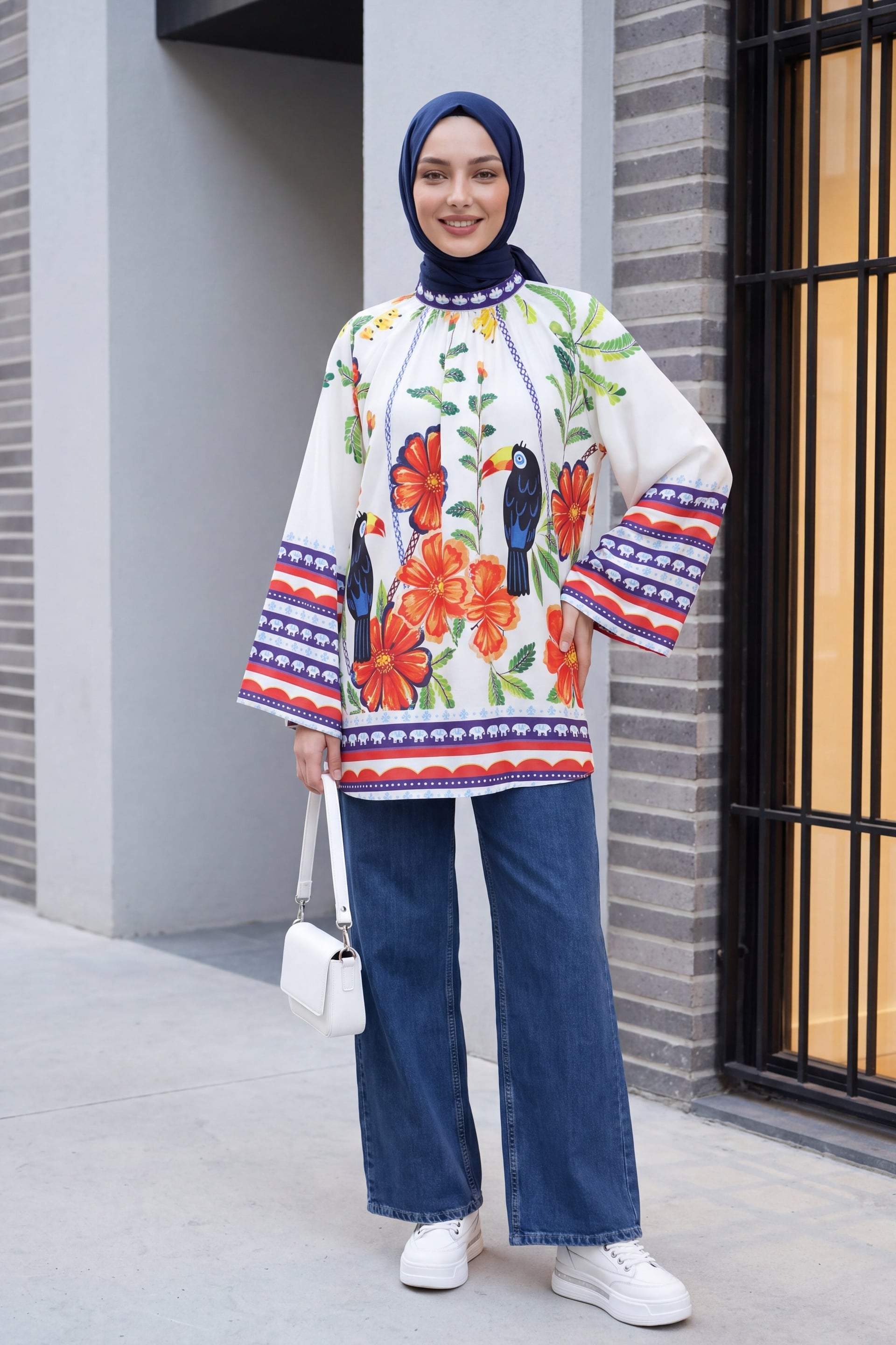 White Oversize Belted Wide-Sleeve Floral Toucan Print Tunic - Podyumplus - by Peralane - photo 2