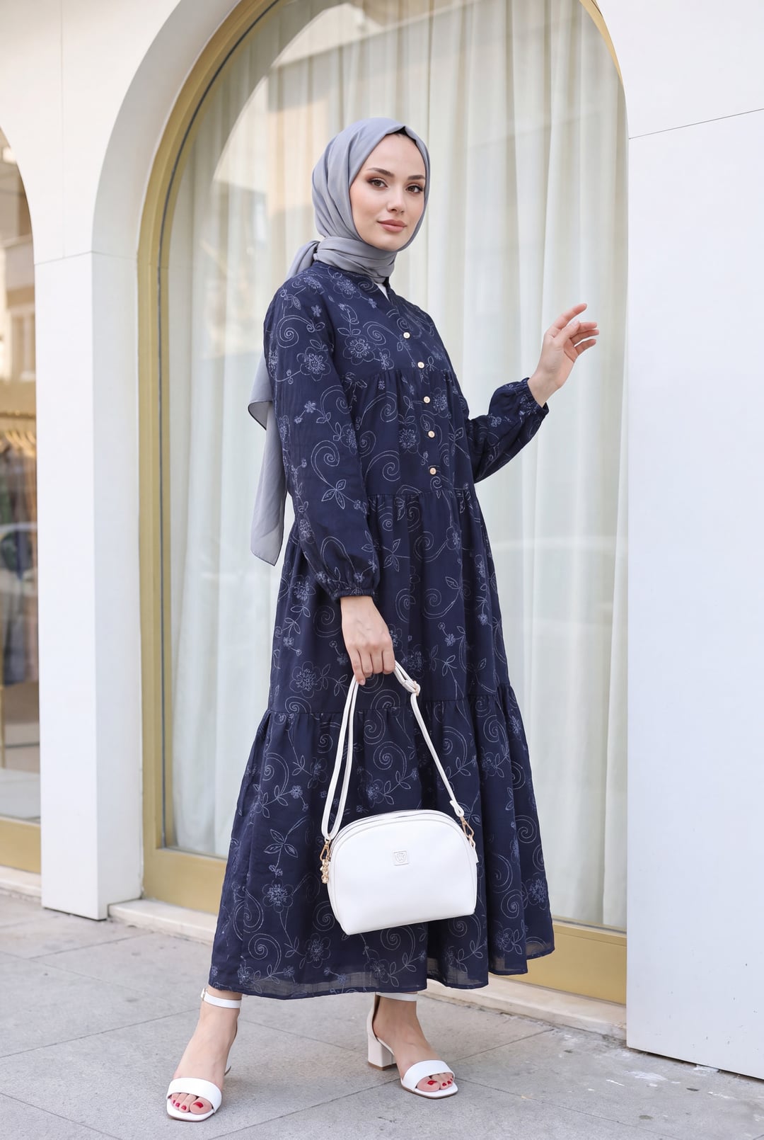 Navy Blue Floral Print Tiered Maxi Dress with Long Sleeves - Podyumplus - by Peralane - photo 4