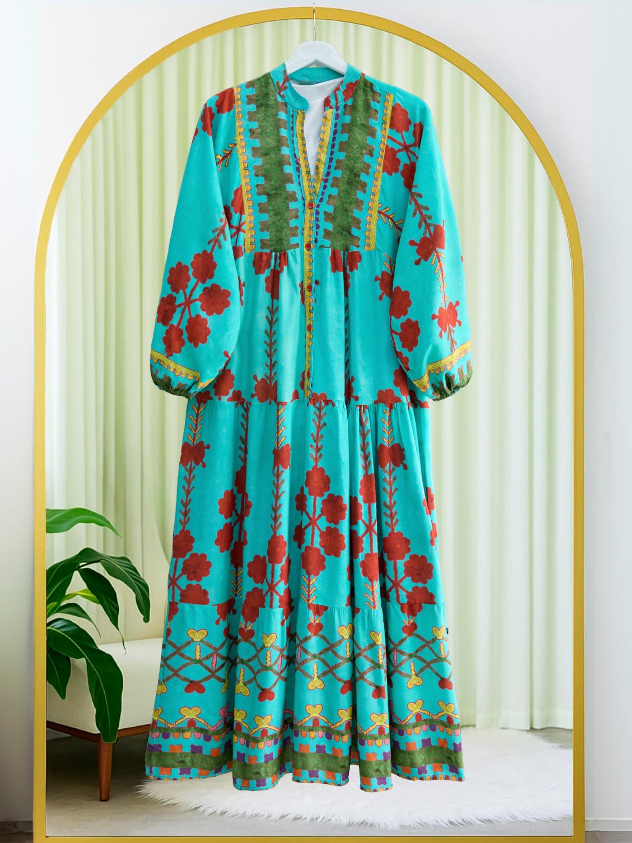 Turquoise Floral Printed Viscose Dress with Stand Collar and Button Front - Podyumplus - by Peralane