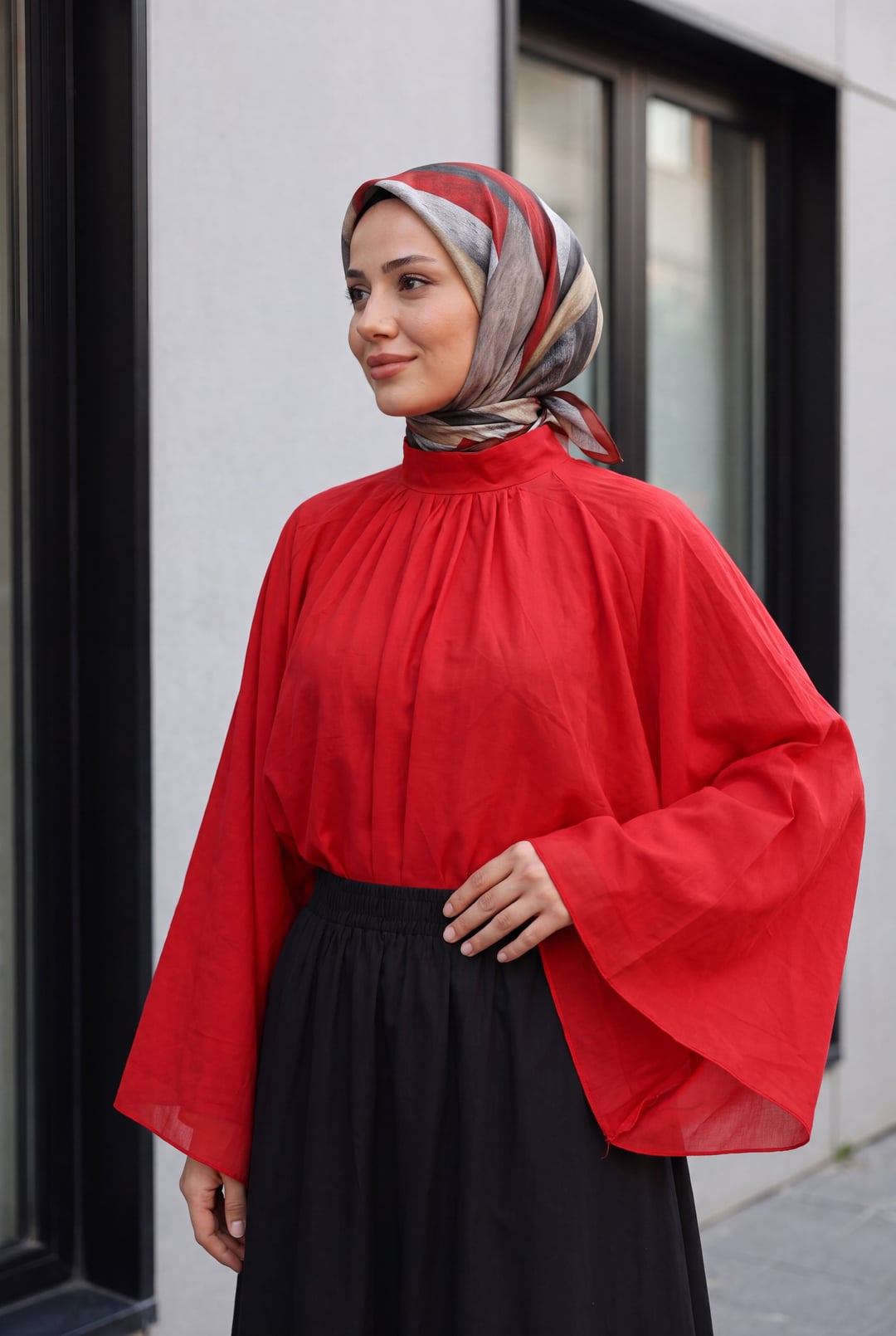 Red High Neck Spanish Sleeve Lined Voile Tunic - Podyumplus - by Peralane
