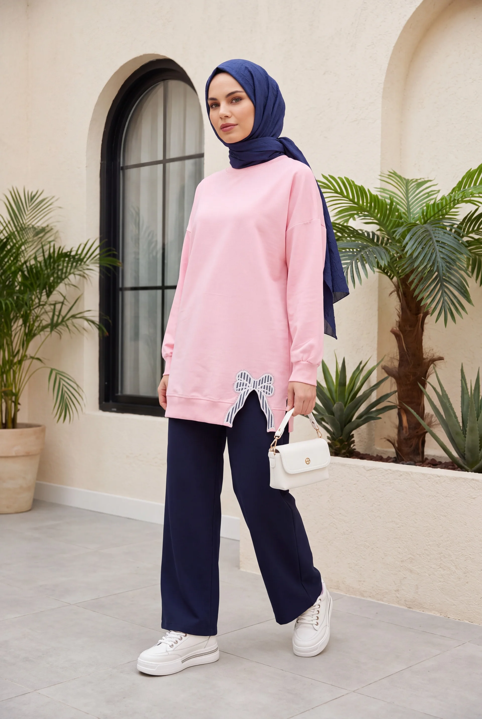 Round Neck Bow Detail Casual Knit Tunic - Powder Pink - Podyumplus - by Peralane - photo 7