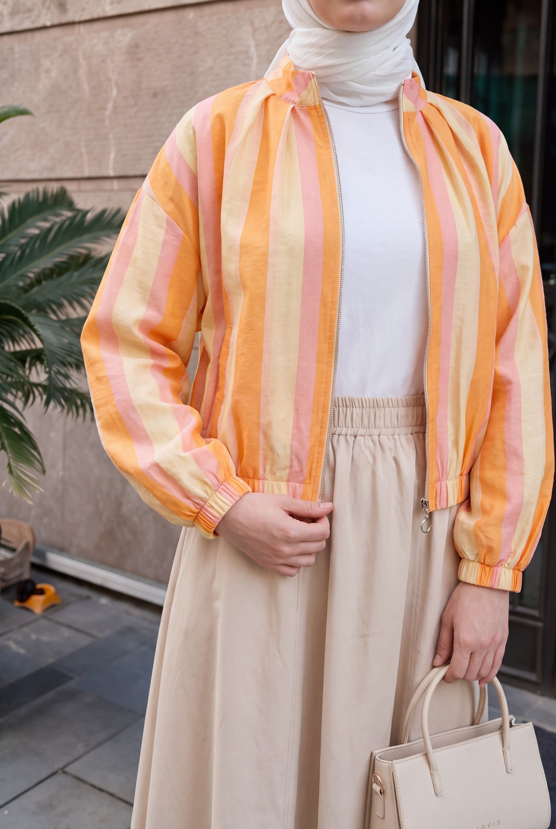 Elasticated Cuff and Hem Zip-Up Patterned Summer Jacket - Orange - Podyumplus - by Peralane - photo 9