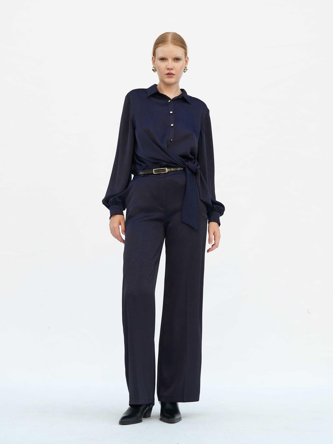 Navy Satin Wide-Leg Trousers with Belt - Lefon - by Peralane - photo 5