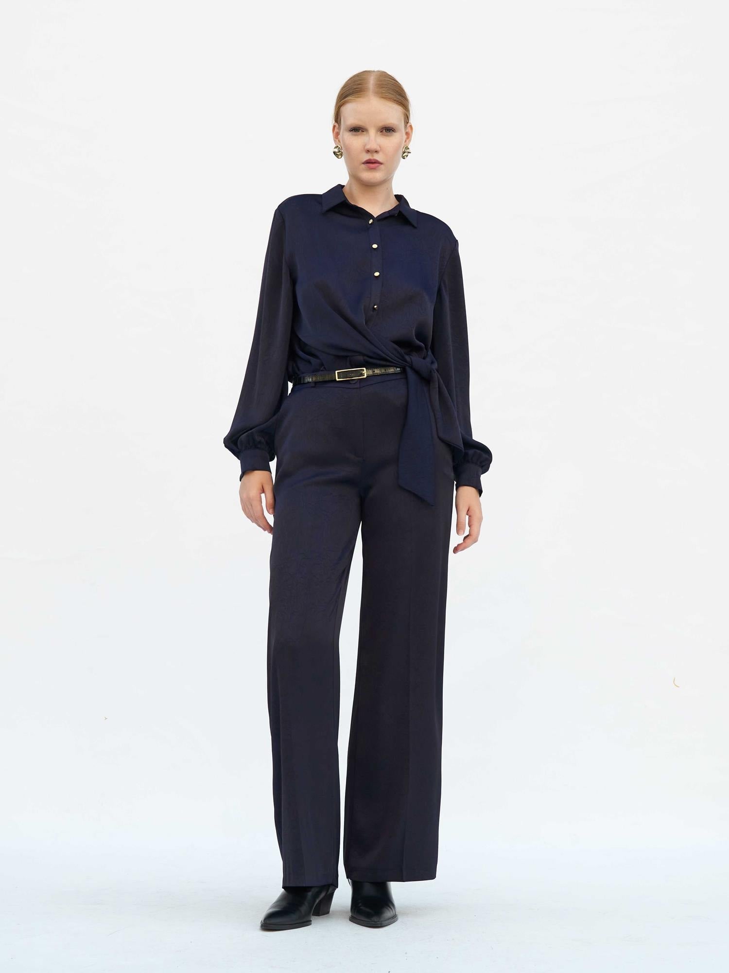 Navy Satin Wide-Leg Trousers with Belt - Lefon - by Peralane - photo 5