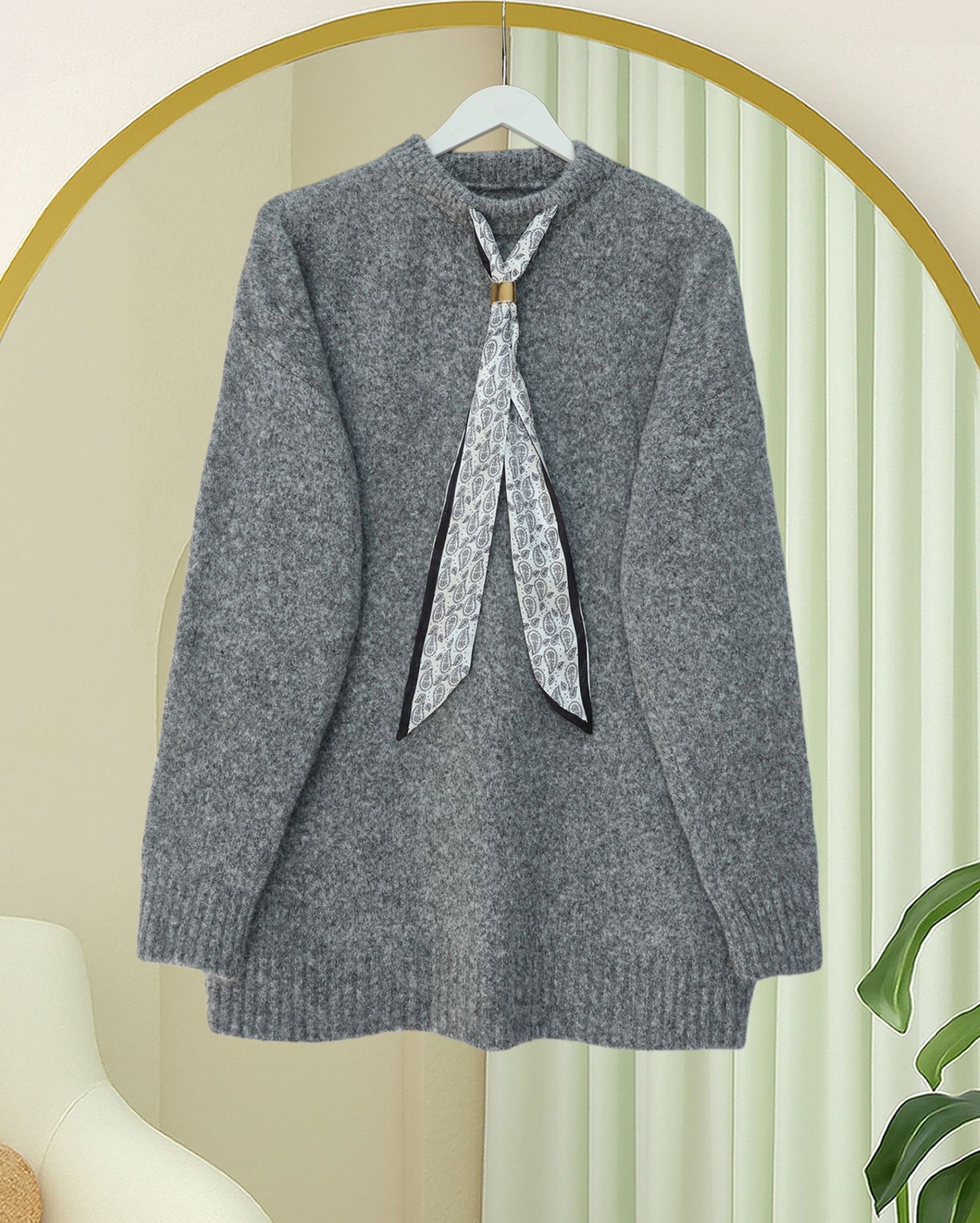 Women's Knit Sweater with Scarf - Grey - Podyumplus - by Peralane - photo 4