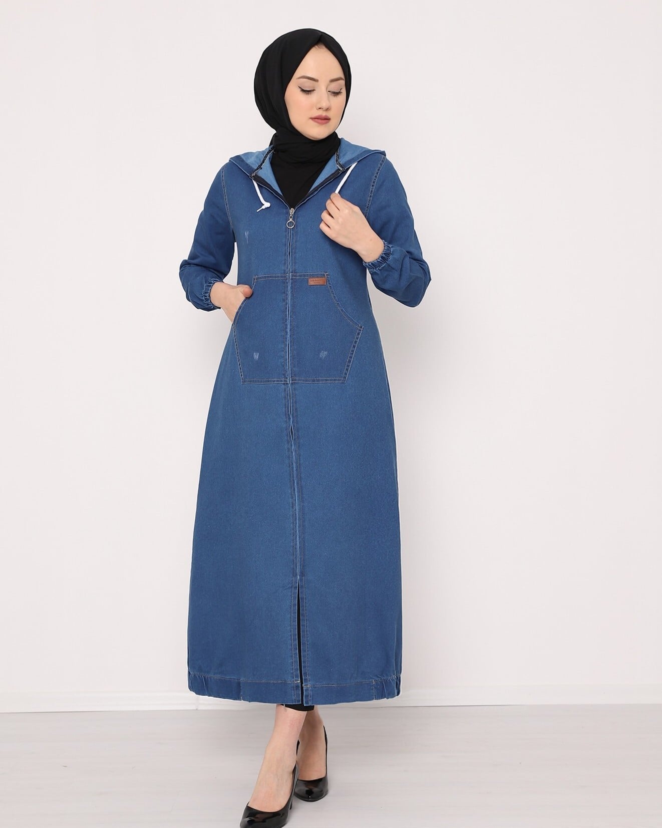 Blue Zip-Front Hooded Denim Trench Coat - Podyumplus - by Peralane - photo 2