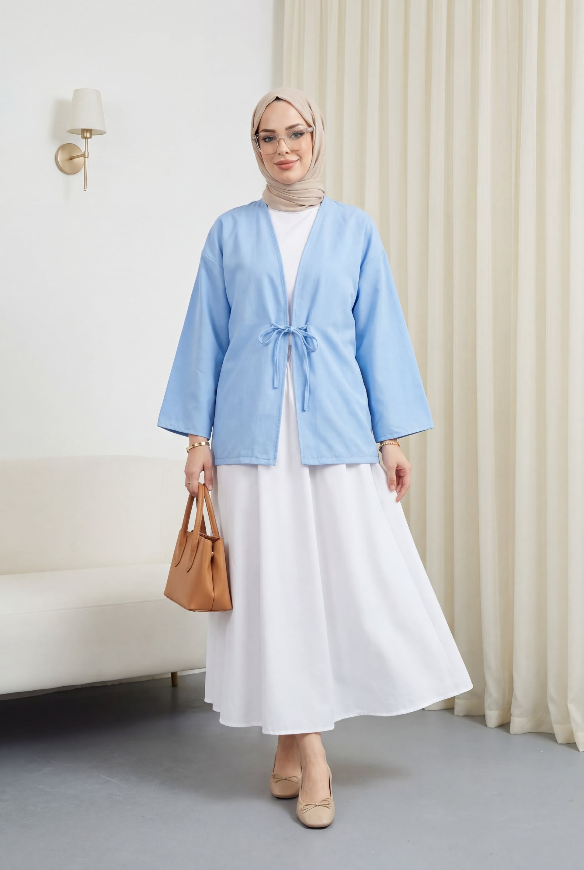 Tie-Front Poplin Kimono Cardigan - Baby Blue - Podyumplus - by Peralane - photo 2