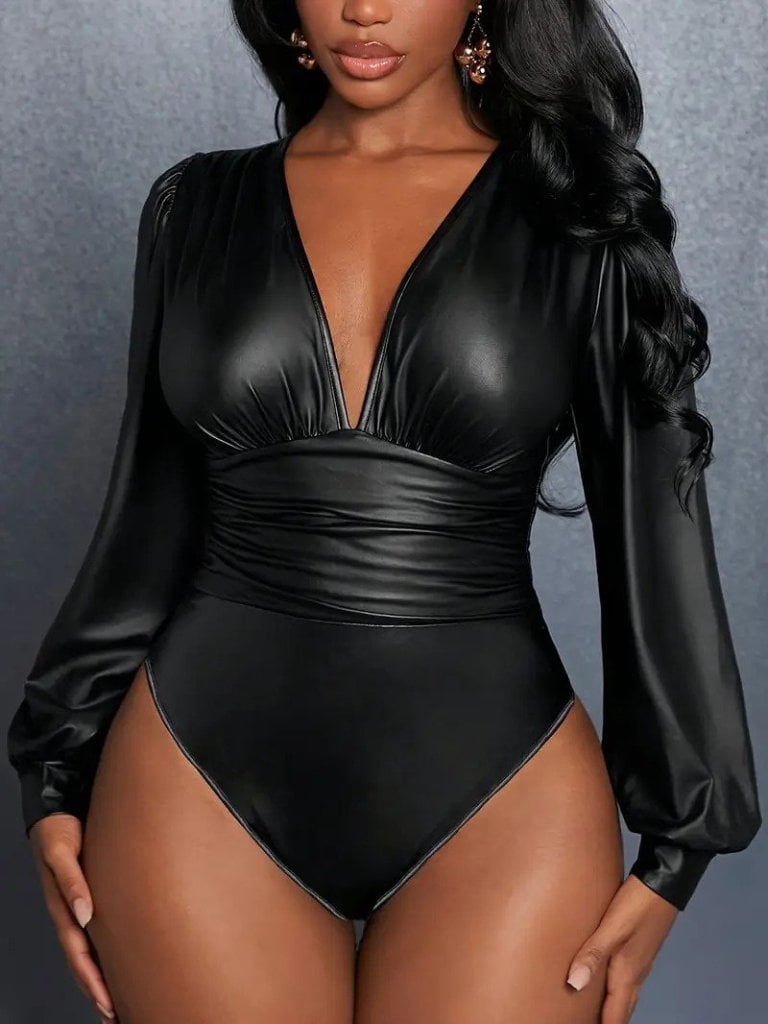 Women's Long-Sleeved Deep V-Neck Faux Leather Bodysuit - Janes - by Peralane - photo 10