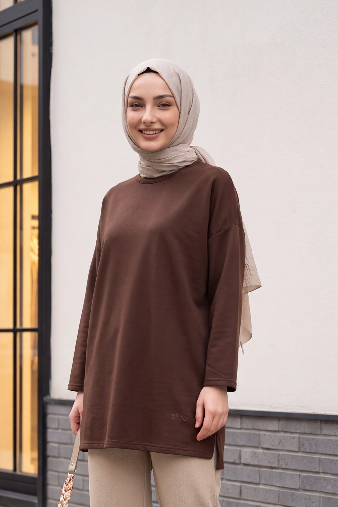 Brown Heart Detail Slit Relaxed Knit Tunic - Podyumplus - by Peralane