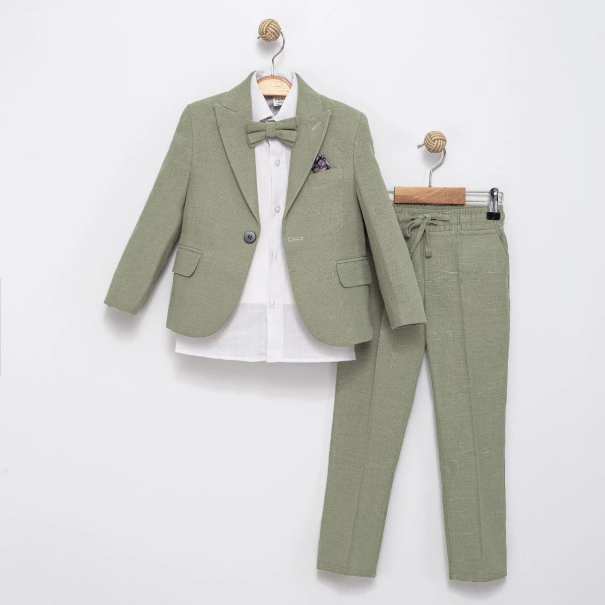 Sage Green Linen Boys' Suit Set of 4 (Blazer, Trousers, Shirt, Bow Tie) for Ages 3-6 - Terry - by Peralane