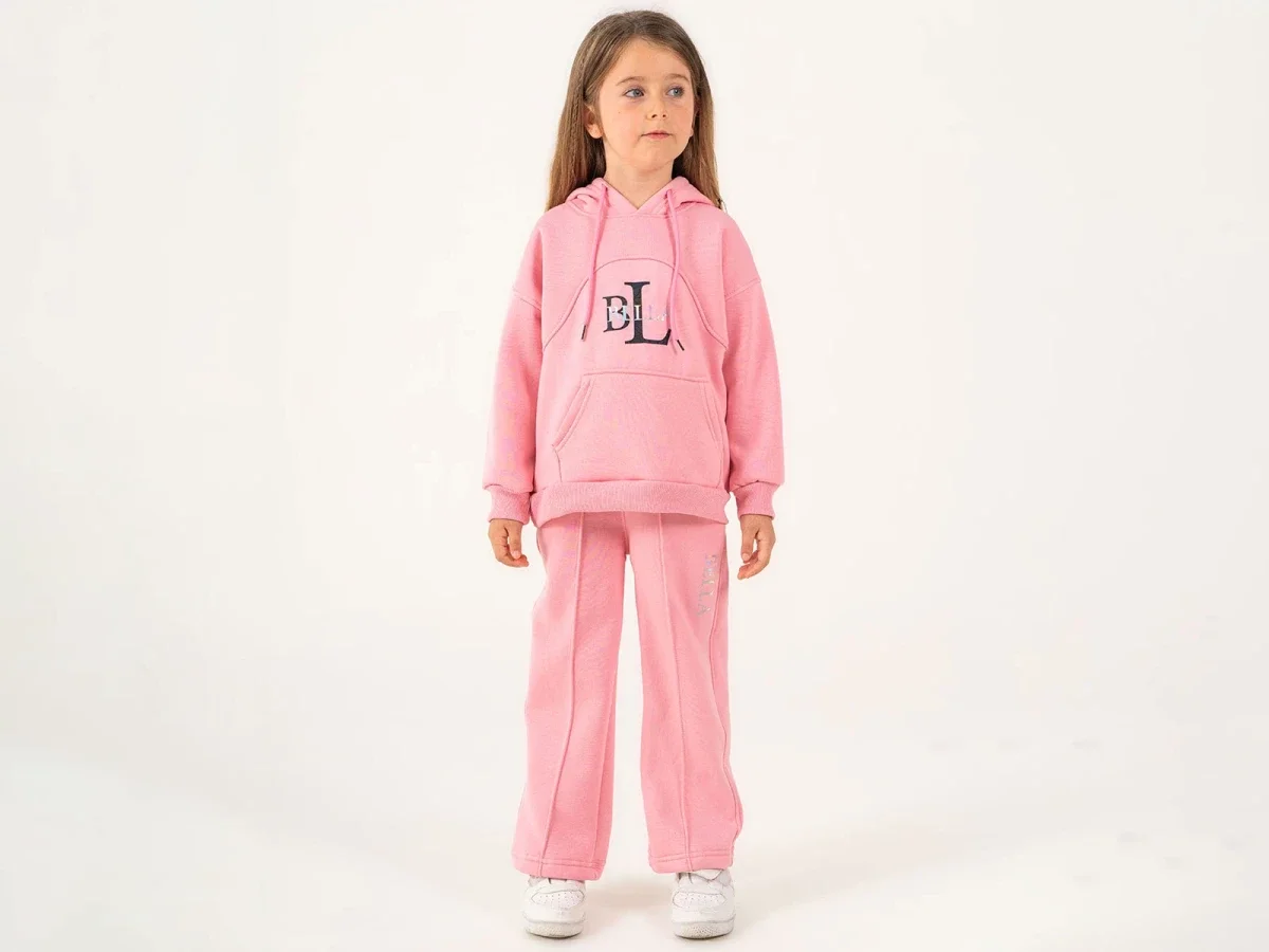 Bella Printed Kangaroo Pocket Hooded Girls' Tracksuit Set (Pink) - Lumii - by Peralane