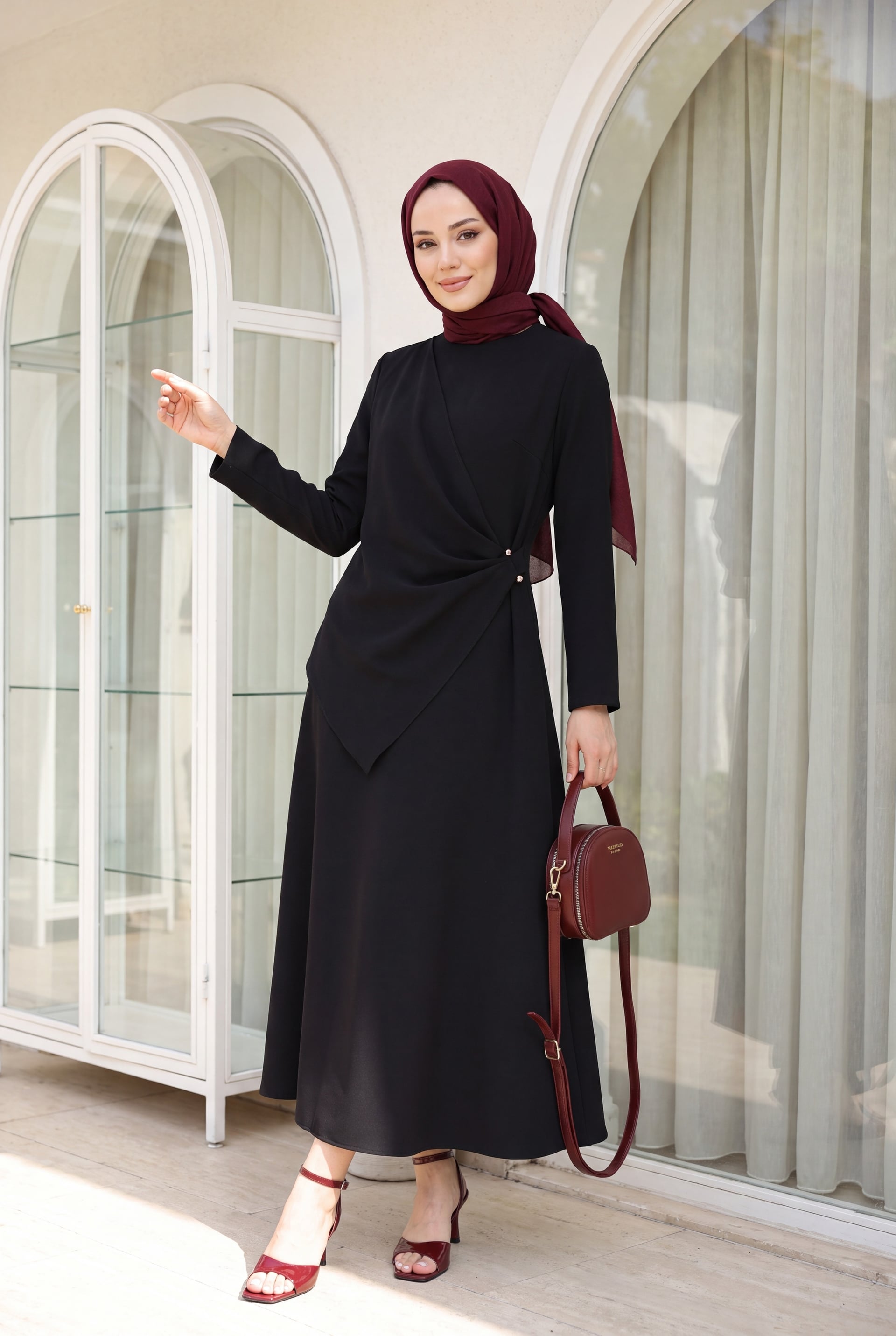 Black Round Neck Cross-Draped Buckle Imported Crepe Dress - Podyumplus - by Peralane - photo 3