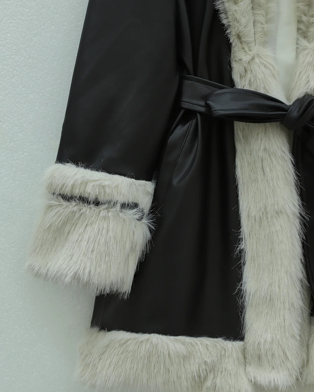 Lined Belted Faux Fur Trim Black Coat for Women - Podyumplus - by Peralane - photo 2